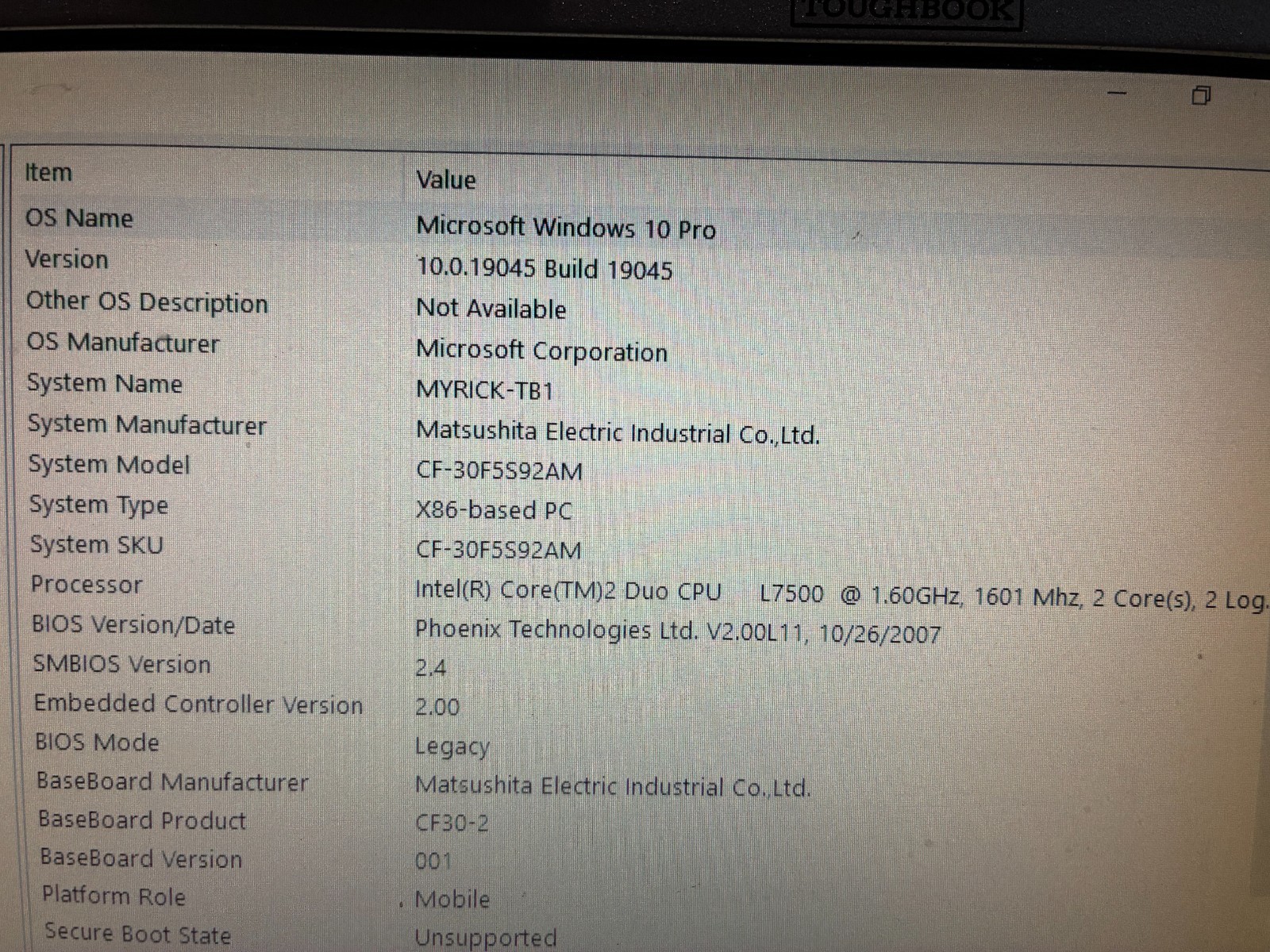 Panasonic Toughbook CF-30 4GB RAM 500 GB SSD Win 10 Pro 32 bit 1.6 Core 2 Duo