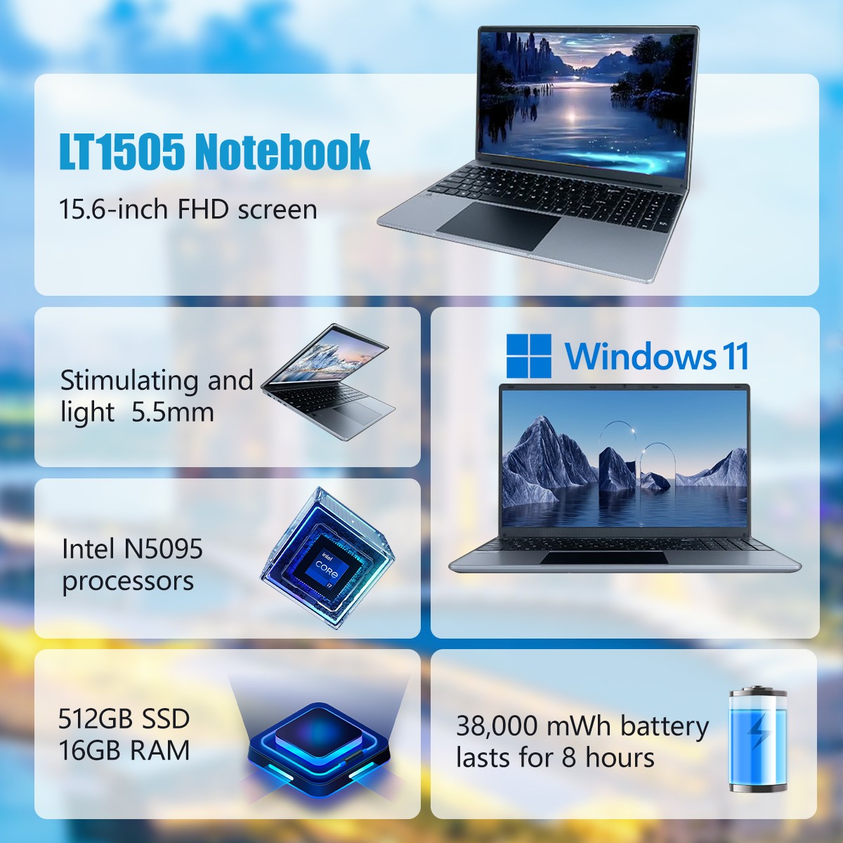 15.6 inch Laptop 16GB+512GB Windows 11 Computers 2.4G/5G WiFi Bluetooth Type-C