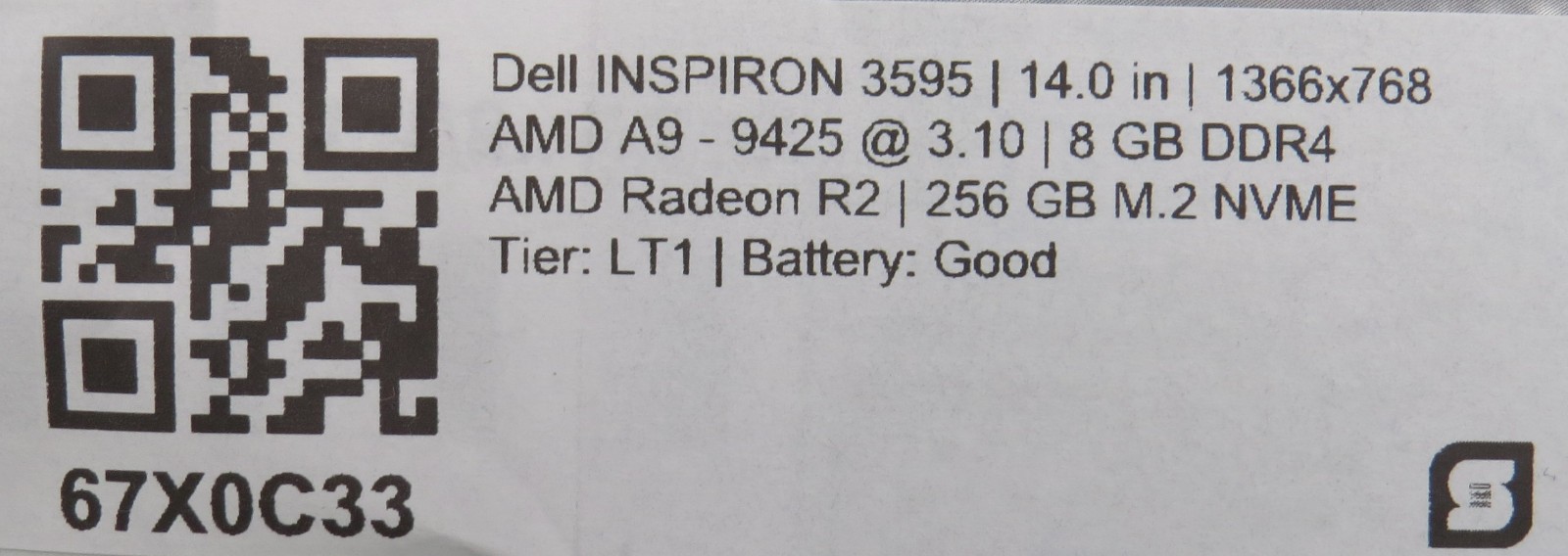 Dell inspiron 3595 AMD A9-9425 @ 3.1GHz 8GB DDR4 256GB m2 15.6″ No OS