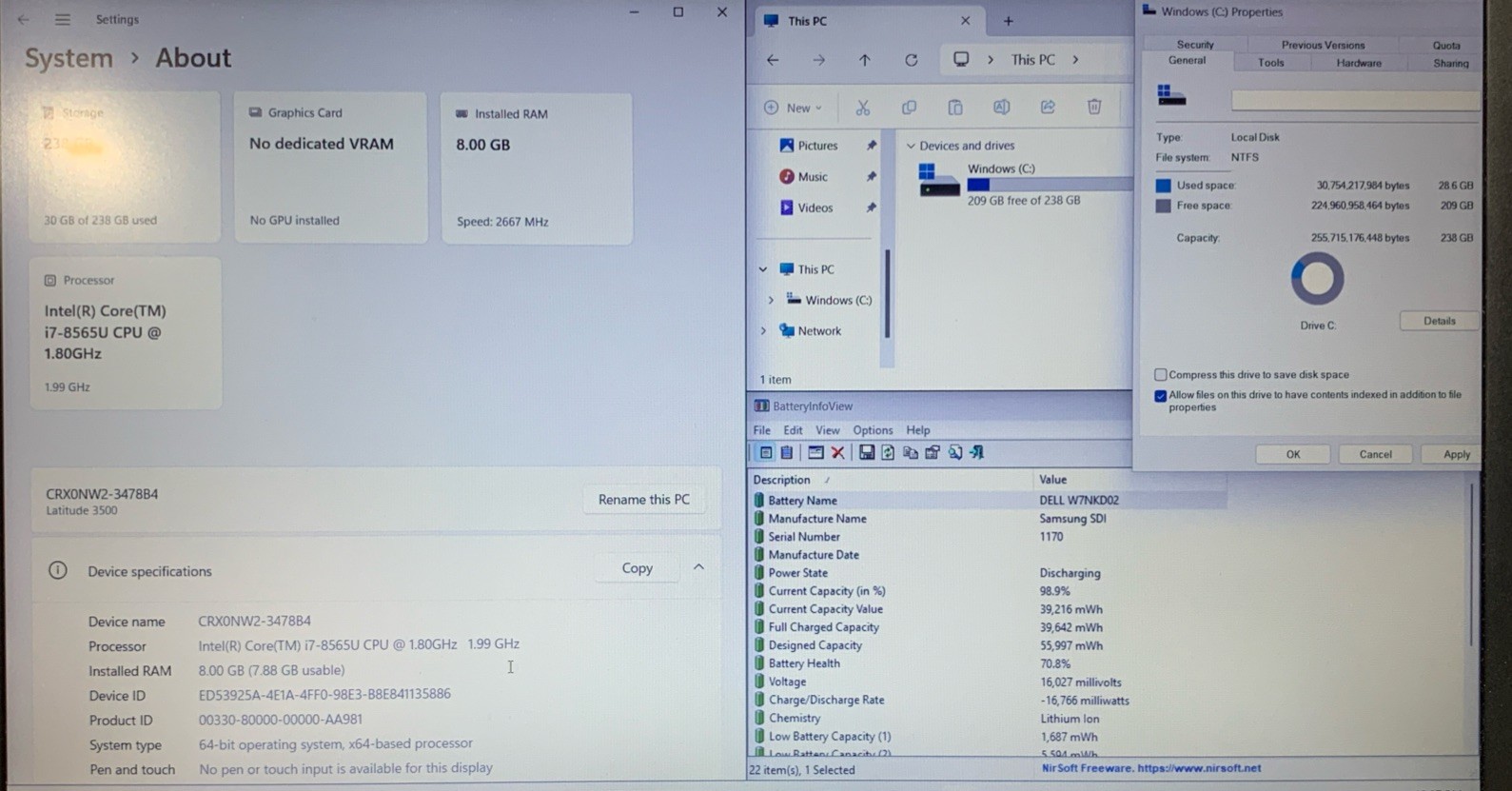 Dell Latitude 3500, i7-8565U @ 1.8GHz, 8GB RAM, 256GB SSD, NVIDIA MX130, W11P