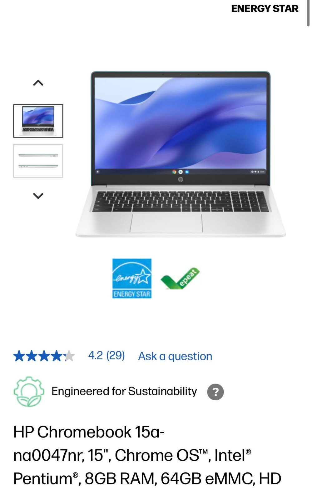 HP Chromebook 15.6” (64GB eMMC Intel Pentium Silver 3.3GHz 8GB RAM) Laptop 