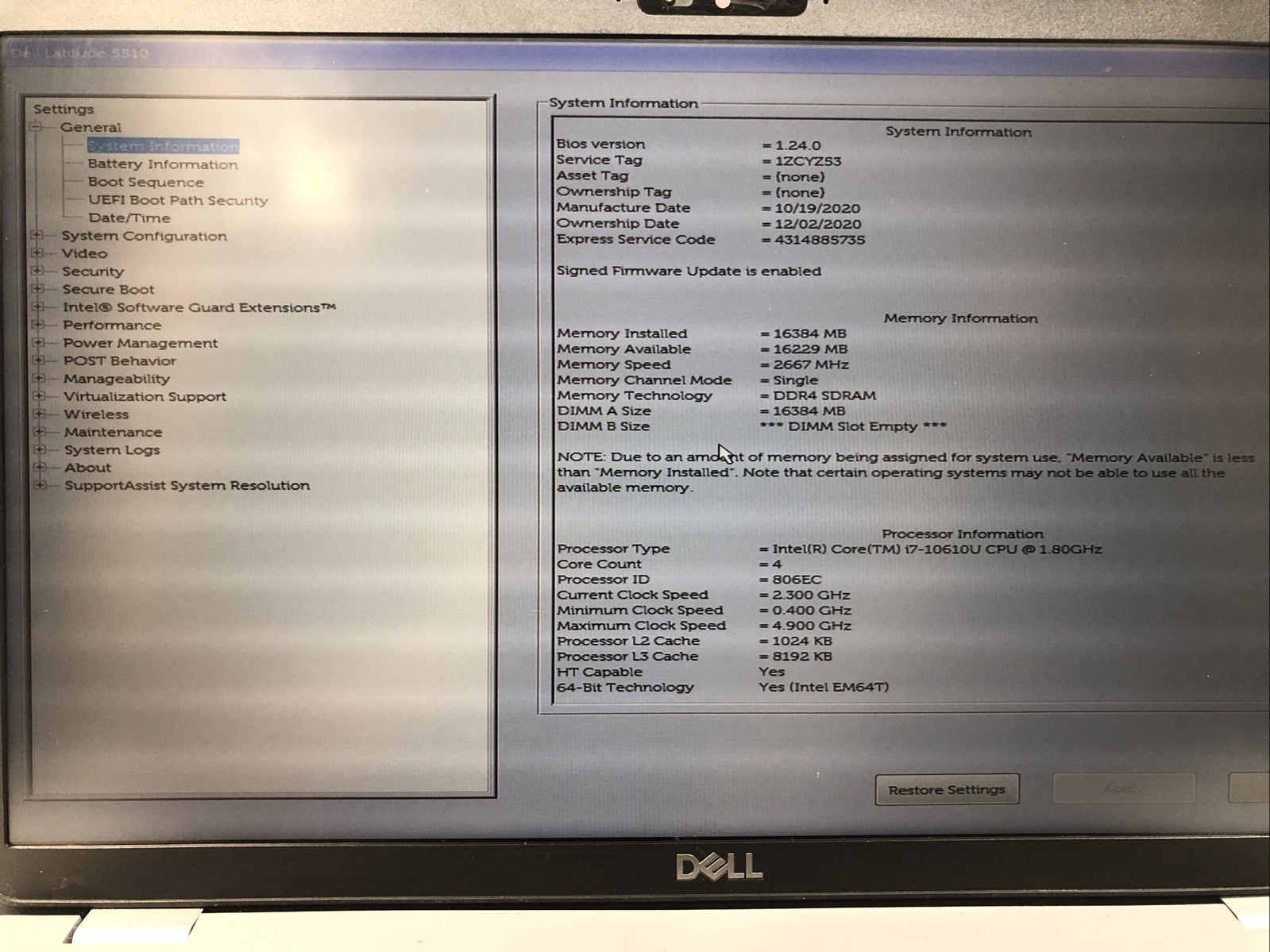 Dell Latitude 5510, Intel Core i7-10610U @1.80Ghz, 16GB RAM, NO SSD/OS, Tested!