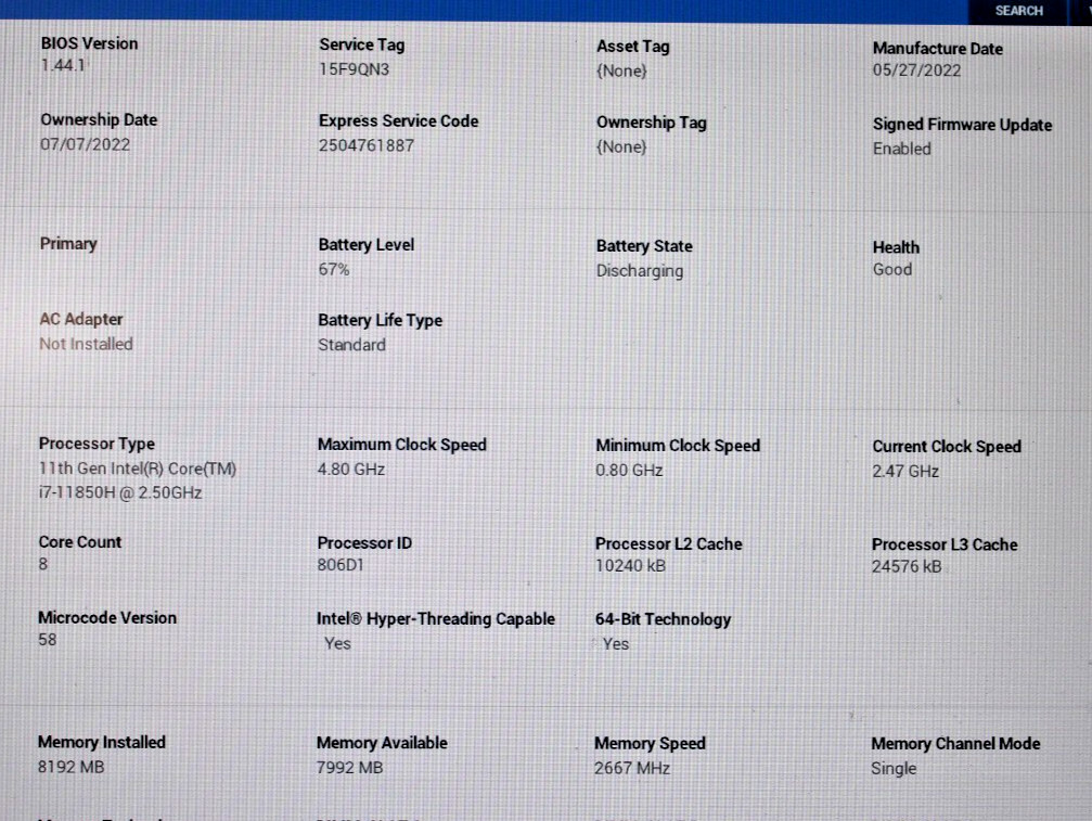 DELL PRECISION 7560 i7-11850H @ 2.50 GHz 8 GB RAM SSD 512 GB NVIDIA RTX A2000 WI