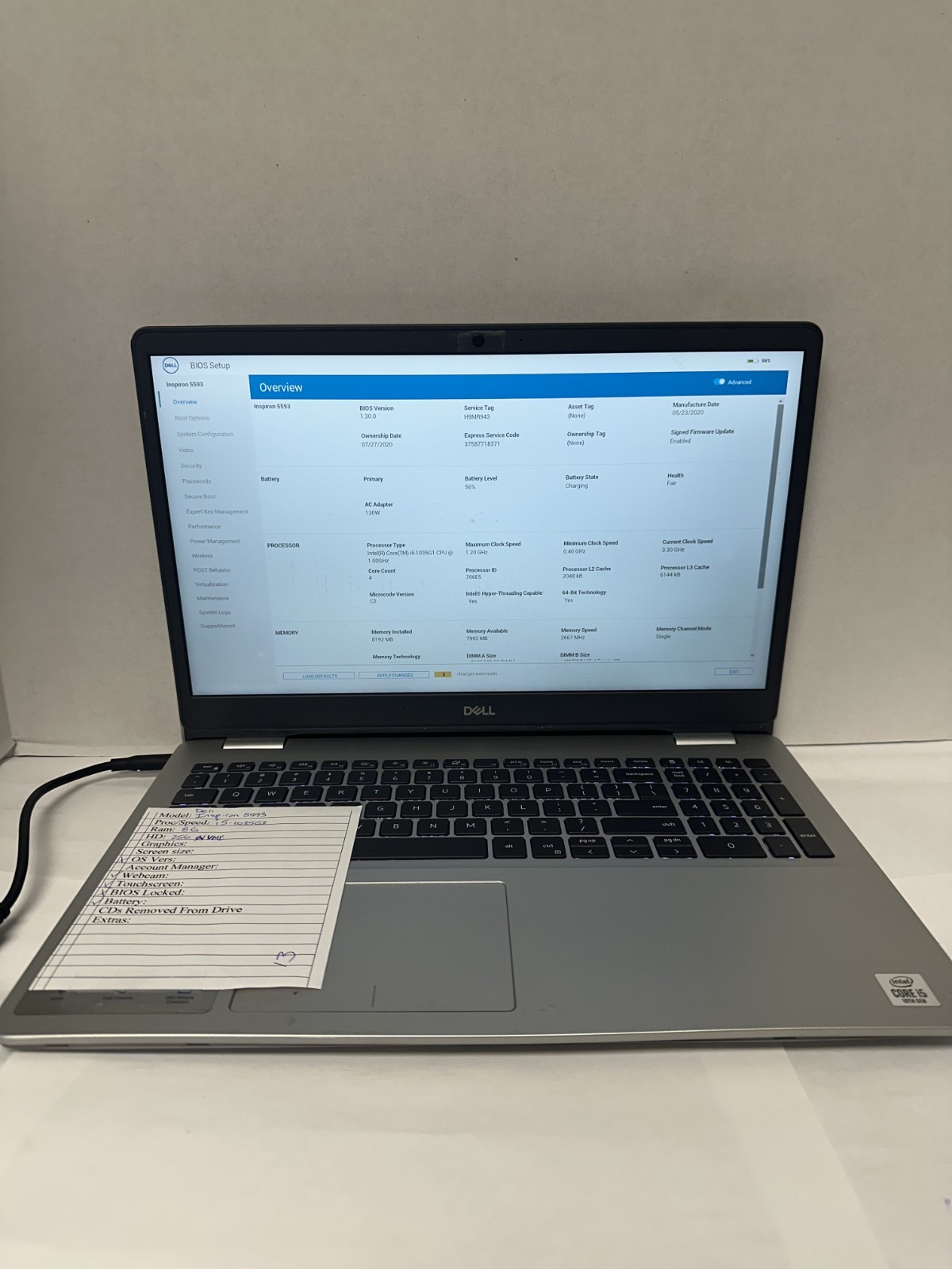 Dell Inspiron 15 5593 i5-1035G1 8GB RAM 256GB SSD (No OS or Charger)