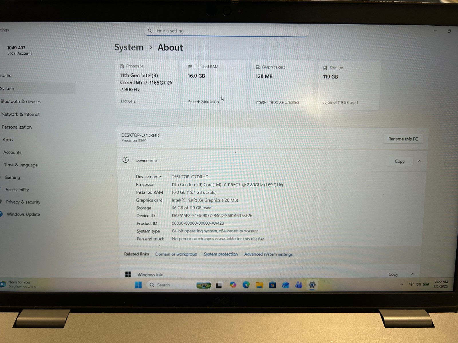 Dell Precision 3560 i7-1165G7 16GB 128GB SSD Win11 Pro Office 2021 FHD 15.6″