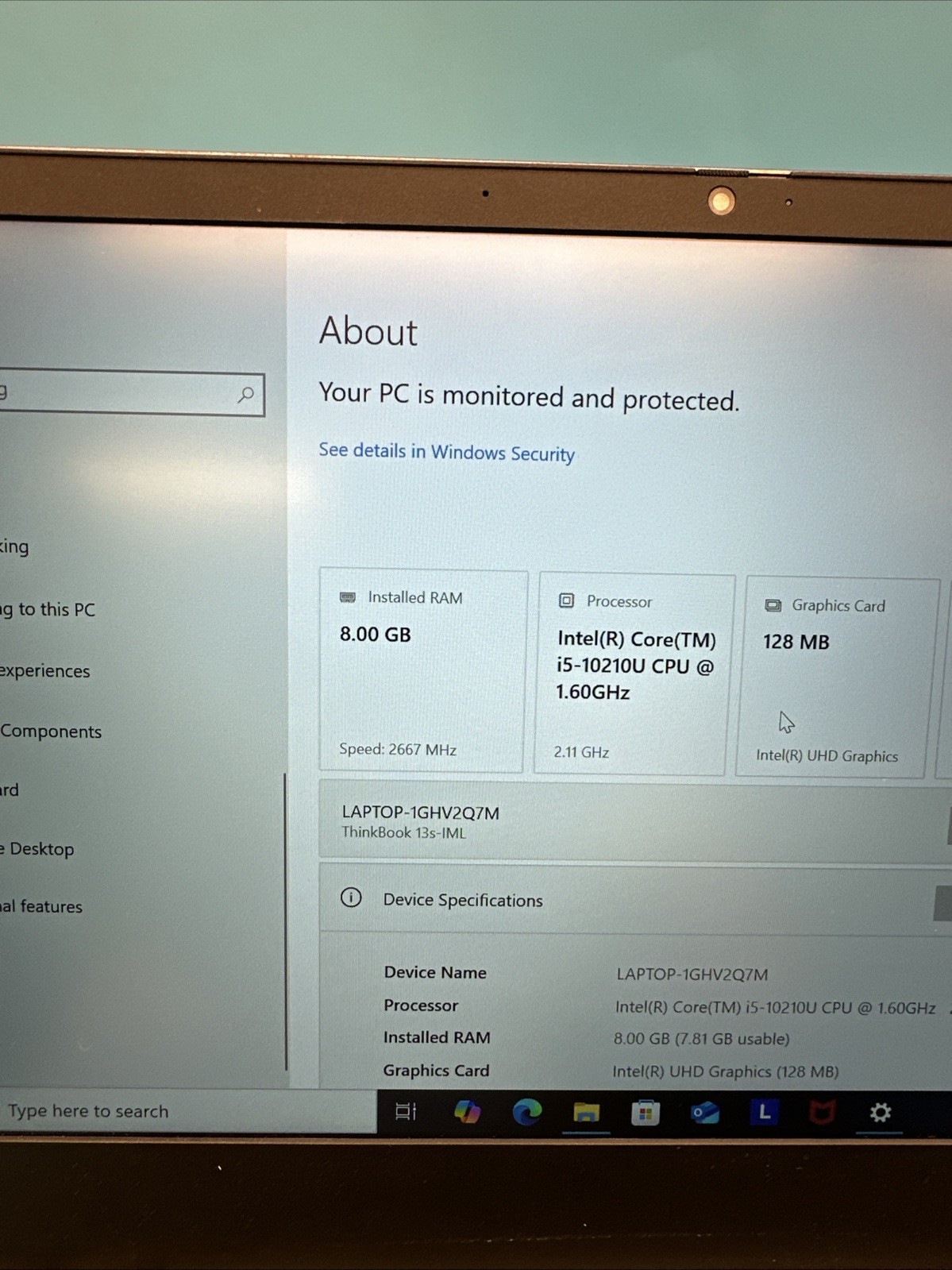 LENOVO ThinkBook 13s-IML i5 10210U 1.60GHz 8 GB 256 SSD