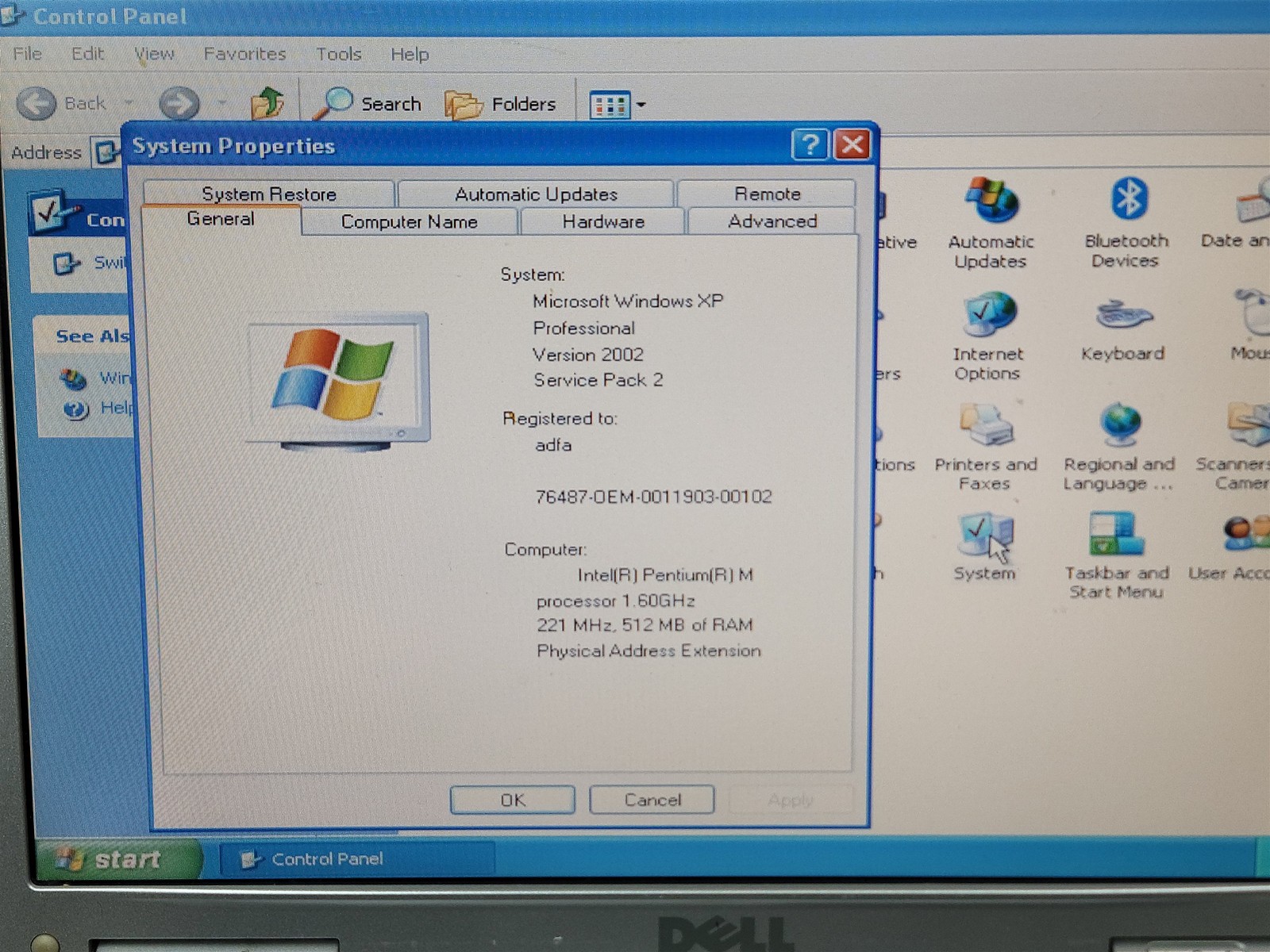 Dell Inspiron 6000 PP12L Windows XP Intel Pentium M 1.60 GHz 512 MB RAM