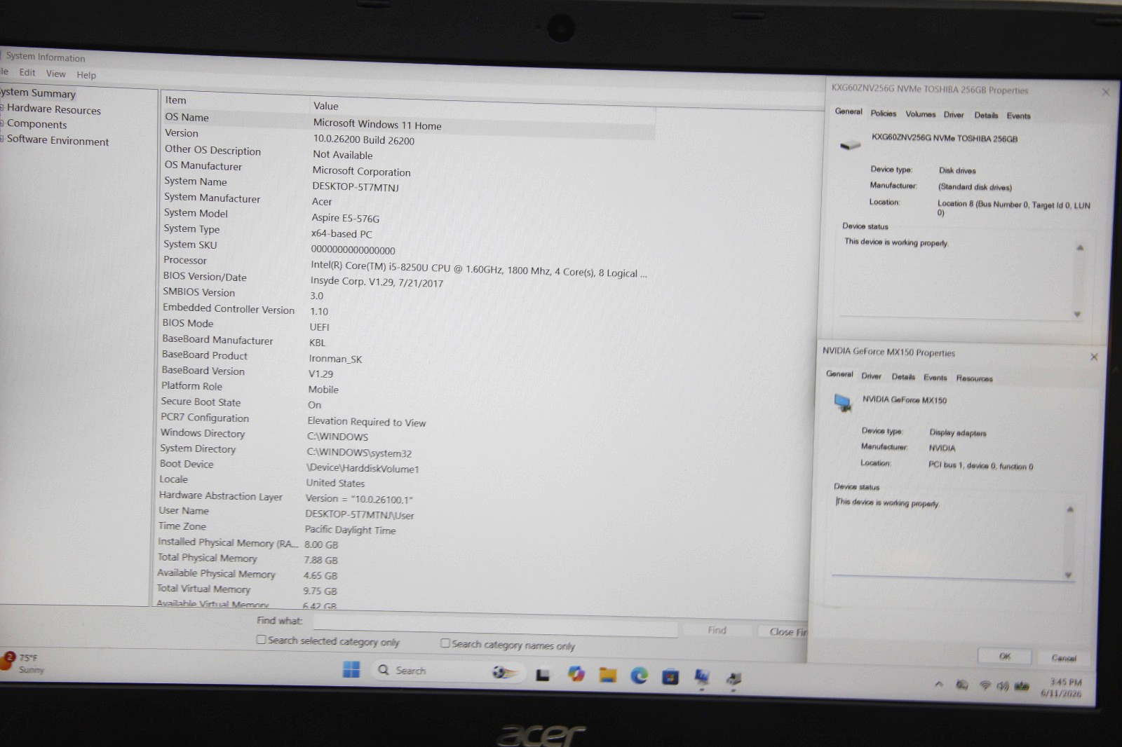Acer Aspire E5-576G 15.6″ Laptop i5-8250U 8 GB RAM 256 GB SSD Win 11 No Charger