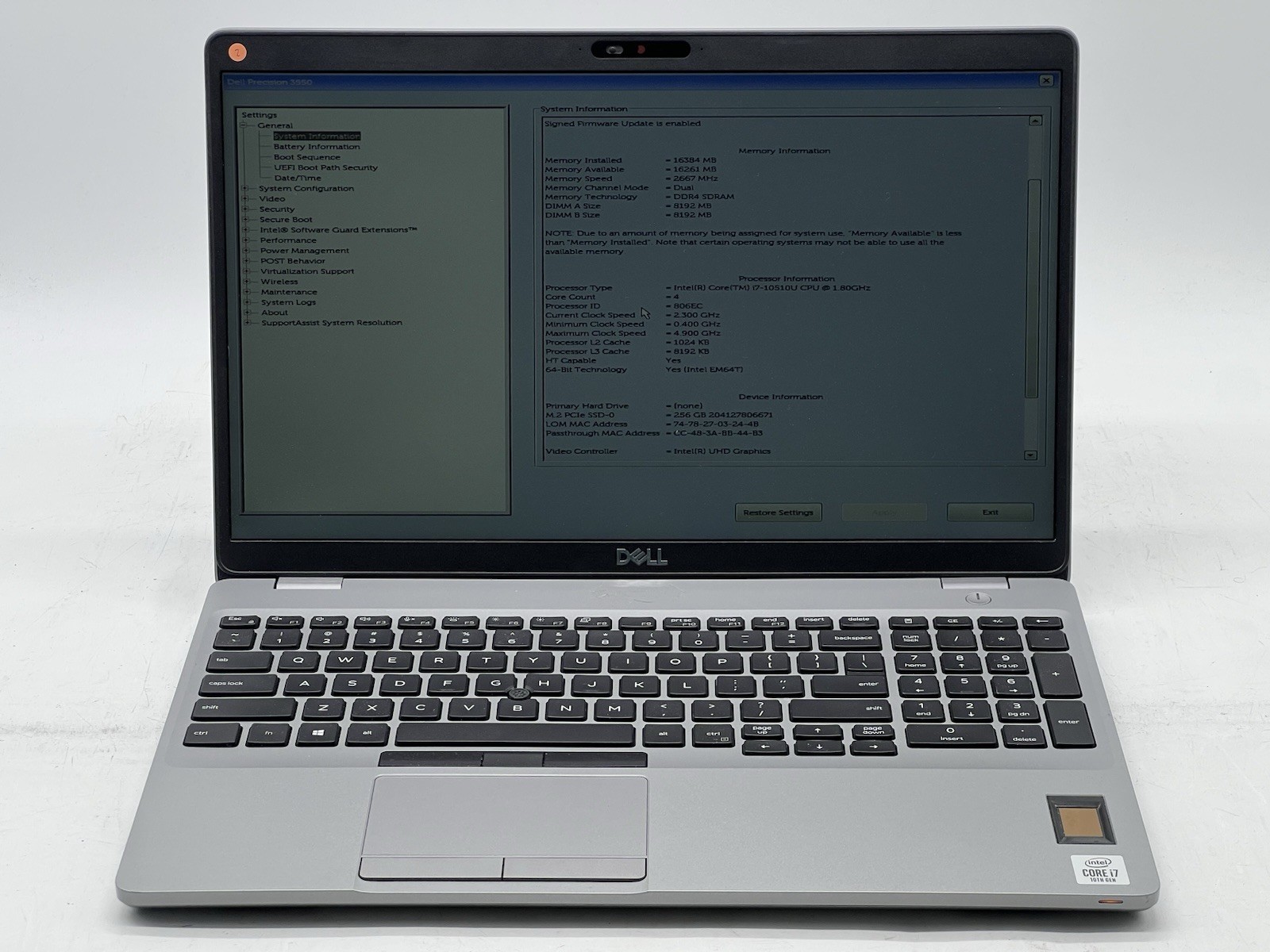 Dell Precision 3550, i7-10510U CPU, @1.80GHz, 16GB RAM, 256GB NVMe-No OS/Charger