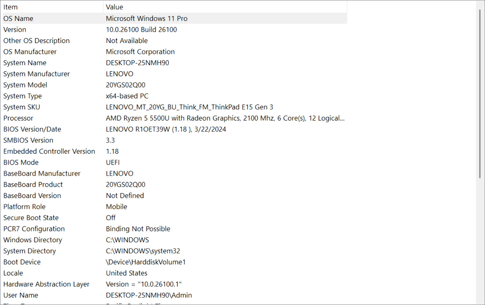 Lenovo Laptop – ThinkPad E15 Gen 3 – R5 5500U 24GB 240GB NVMe 15.3 FHD W11P
