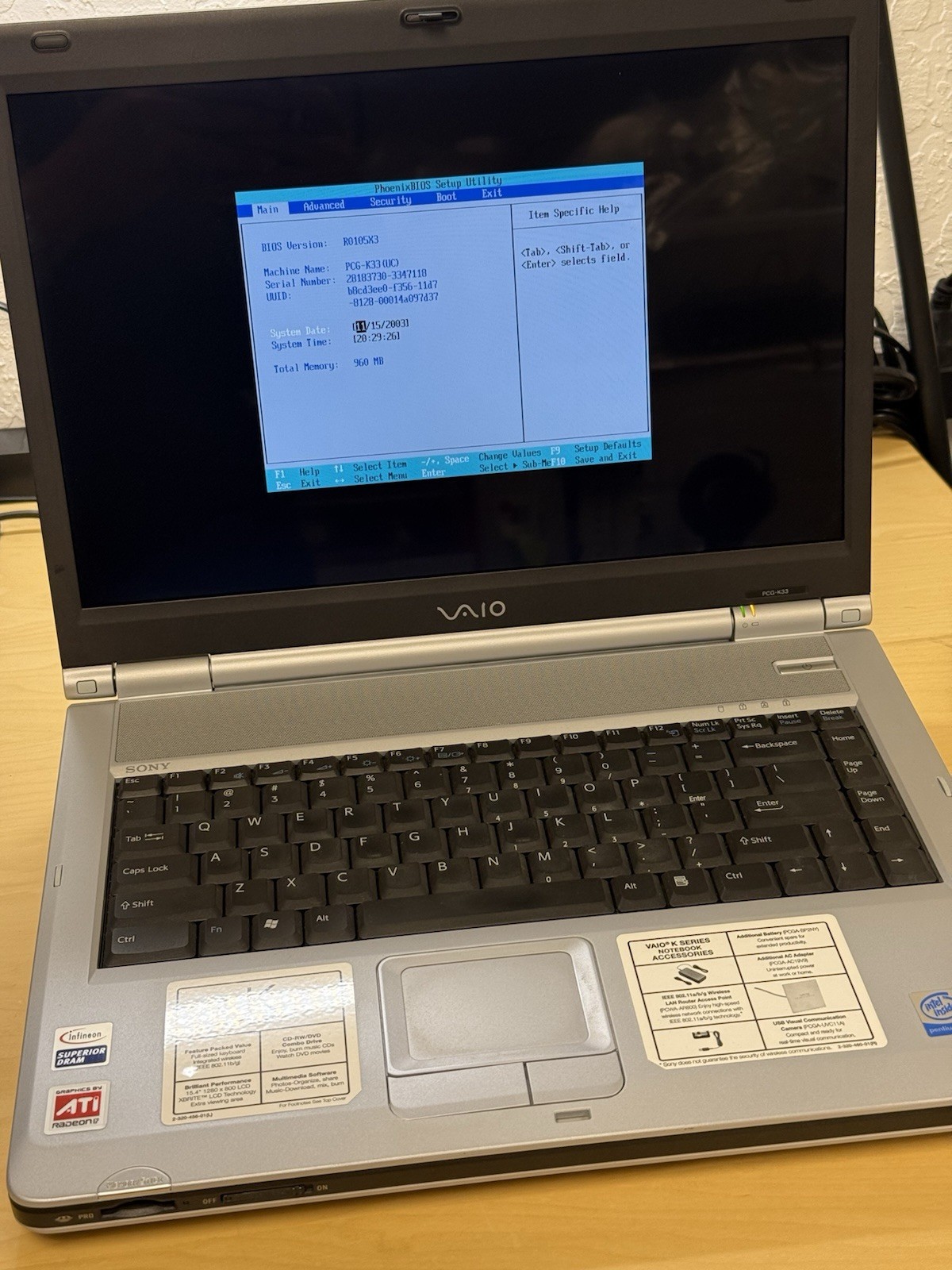 Sony Vaio Notebook Laptop PCG-9S1L PCG-K33 Boots To Bios *No HDD* Read