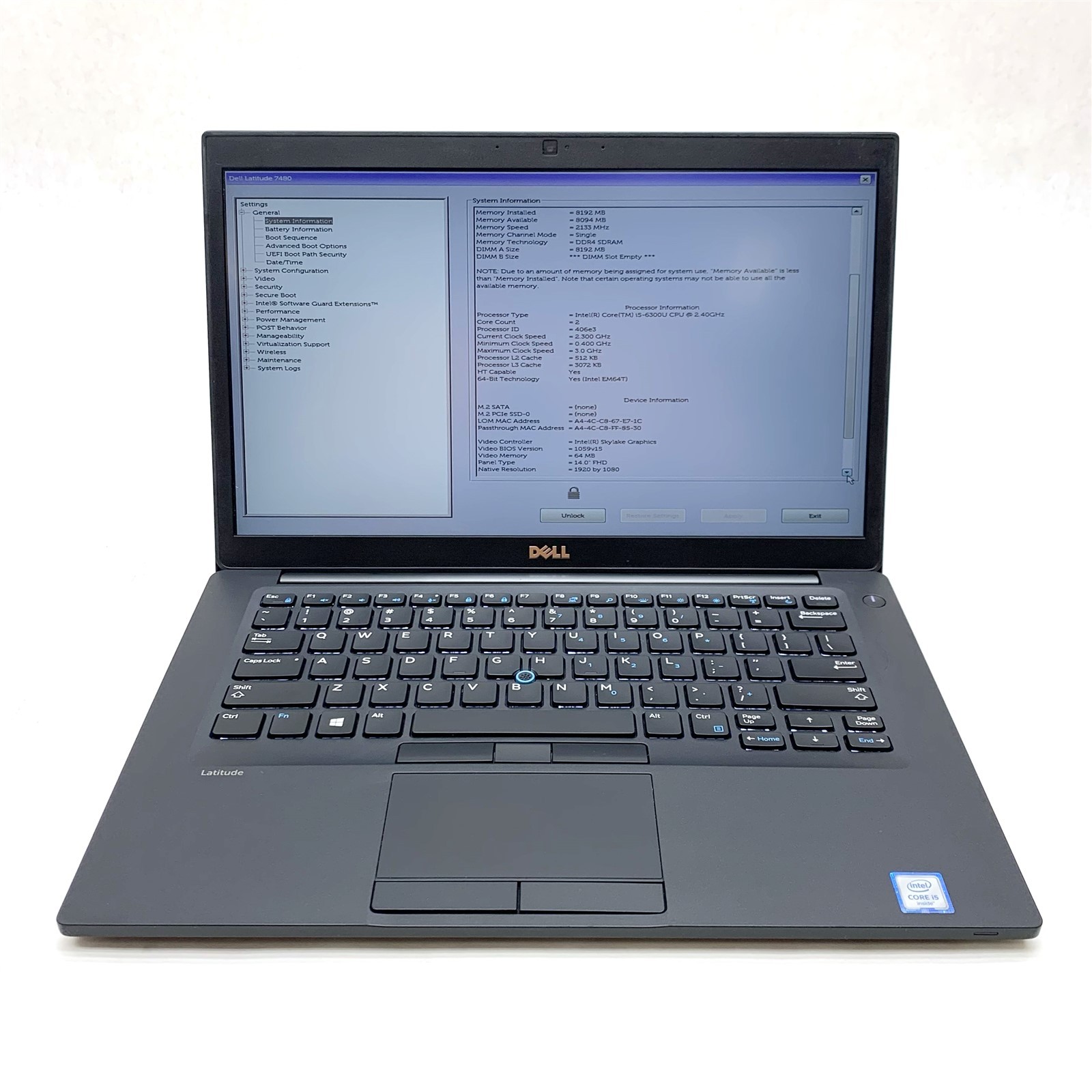 Dell Latitude 7480 14″ FHD Intel Core i5-6300U 2.40 GHz 8GB No SSD, BIOs Locked