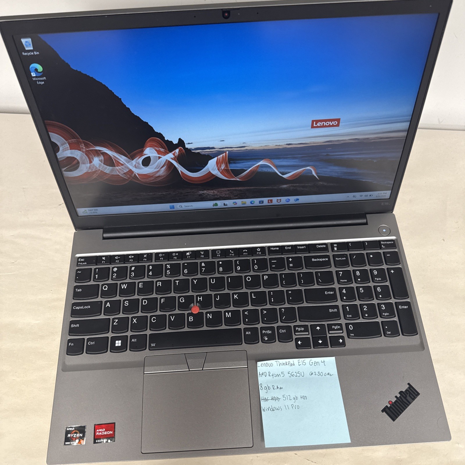 15.6″ Lenovo ThinkPad Laptop PC: AMD Ryzen 5 5625U 8GB RAM, 512GB NVME SSD