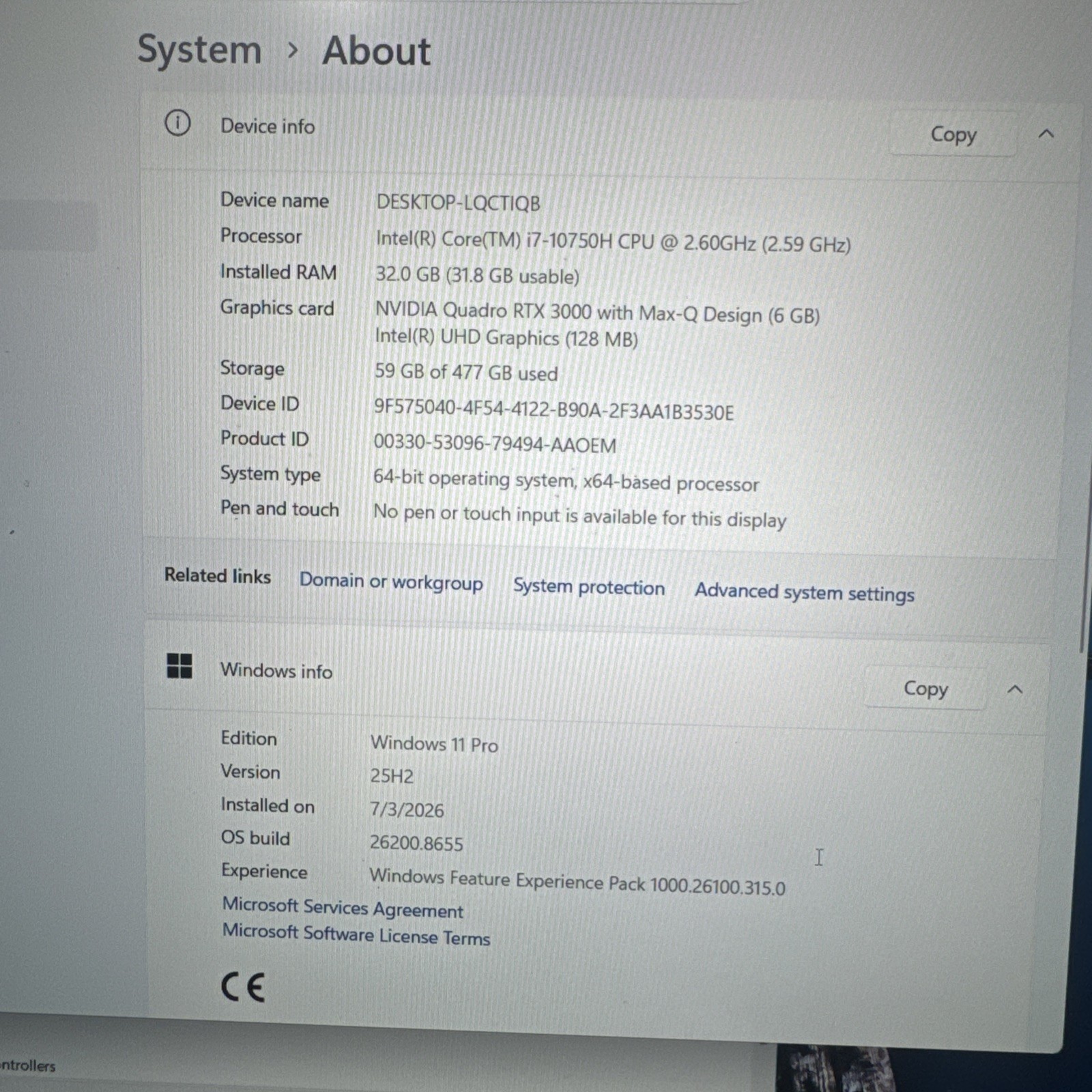 Dell Precision 5750 17” i7-10750H 2.6Ghz 500GB 32GB RTX 3000 Win 11