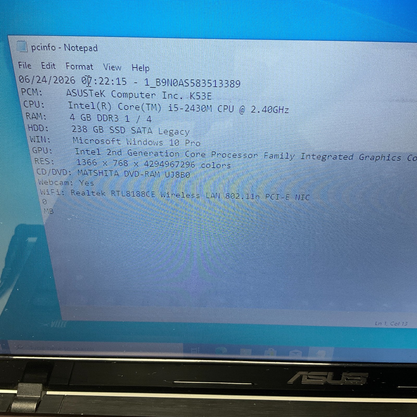 Asus K53E Laptop Intel Core i5-2430M 2.4GHz 4GB 250GB SSD Windows 10 Pro Laptop