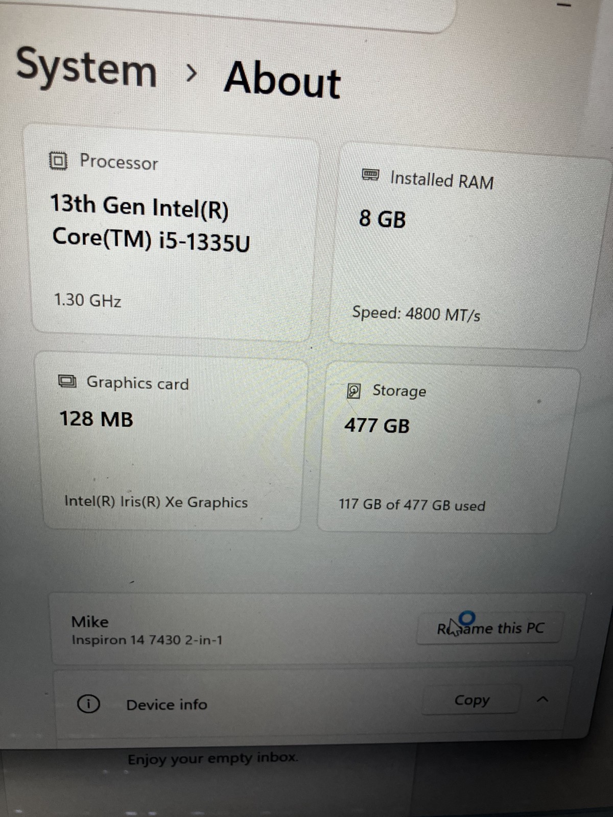dell inspiron 14 7430 2-in-1 8GB Ram, 477 GB storage, 128 MB graphics card