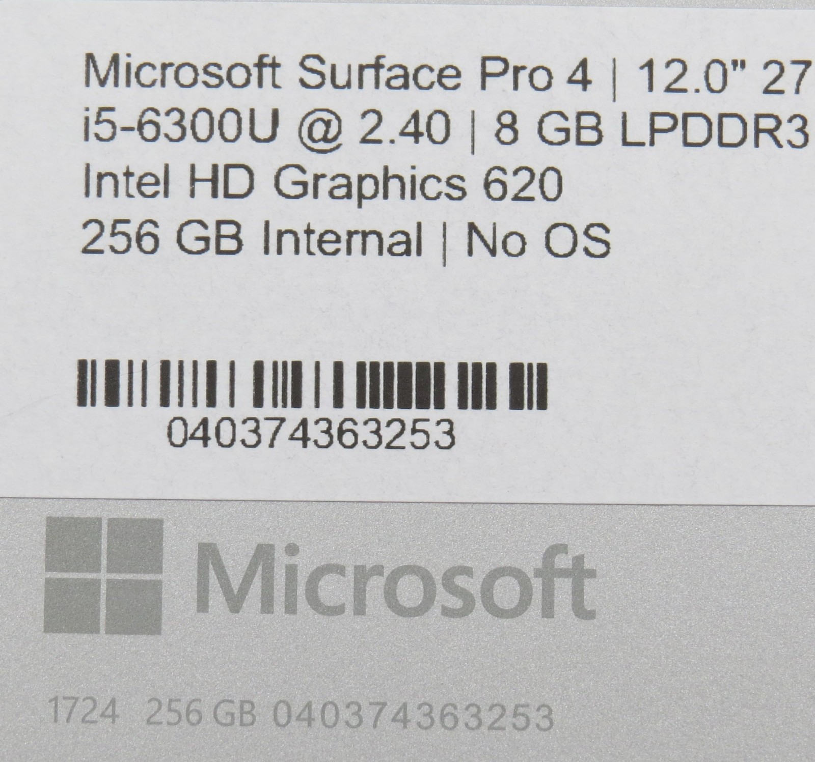 Surface Pro 4 1724 | i5-6300U @ 2.4GHz | 8GB DDR3 | 12″ | 256GB SSD | No OS/AC