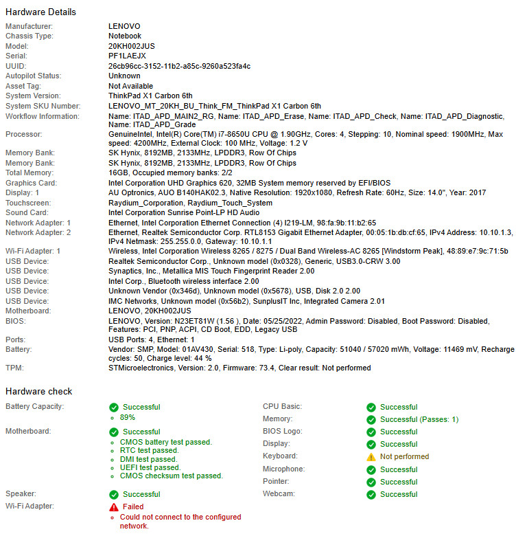 Lenovo ThinkPad X1 Carbon 6th, i7-8650U, @ 1.90GHz, 16GB RAM-No HDD/OS/Charger