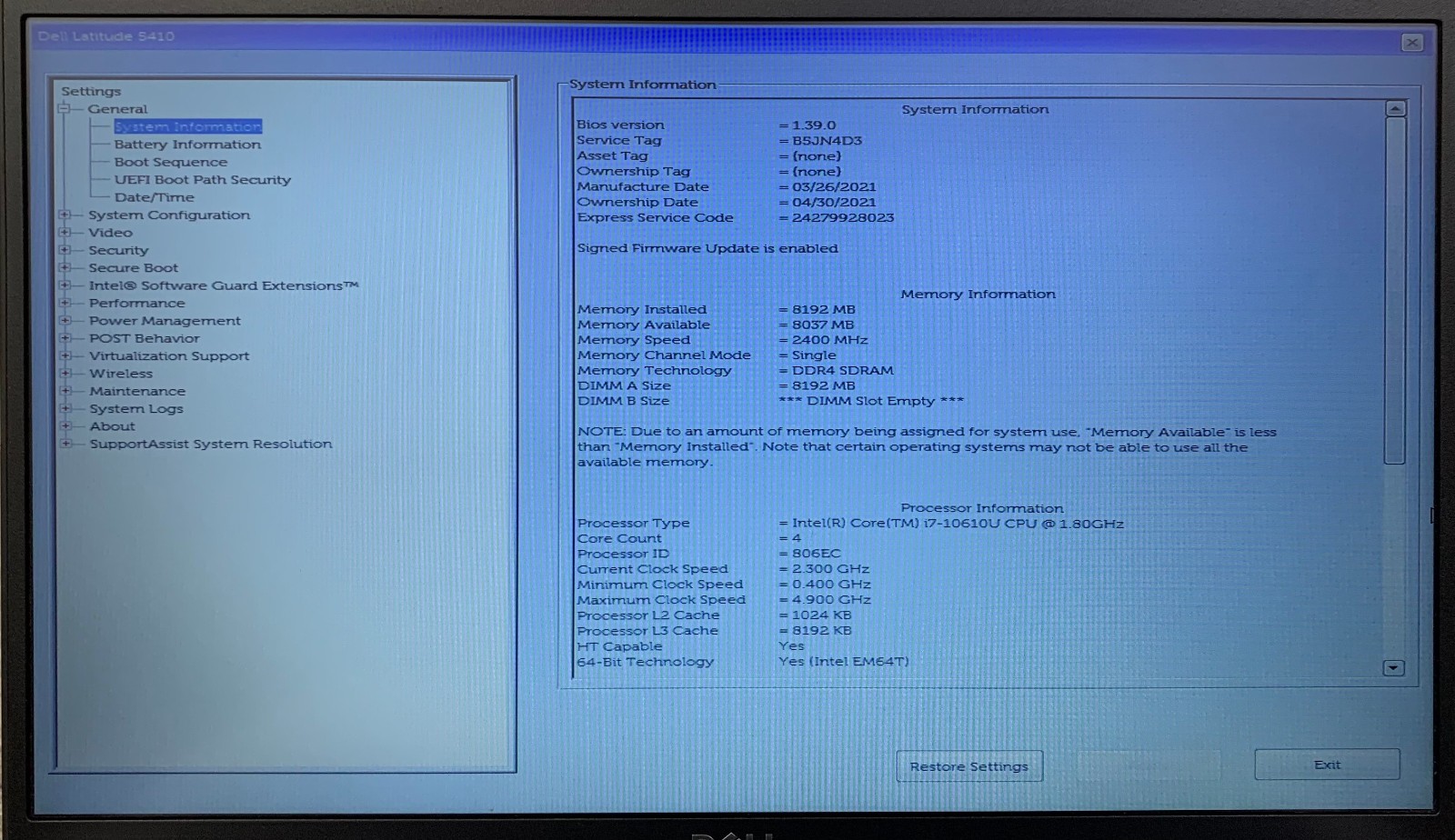 Dell Latitude 5410 14″ Laptop i7-10610U, No RAM/Storage, Boots to BIOS