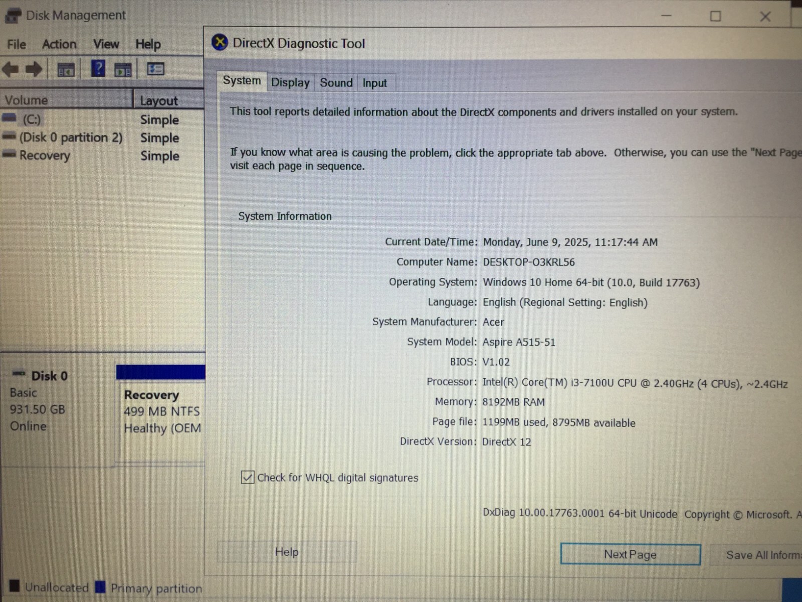 *Bad Battery*Acer Aspire 5 A515-51-3509 15.6″ Laptop/i3-7100U/8GB/1TB HDD/W10H