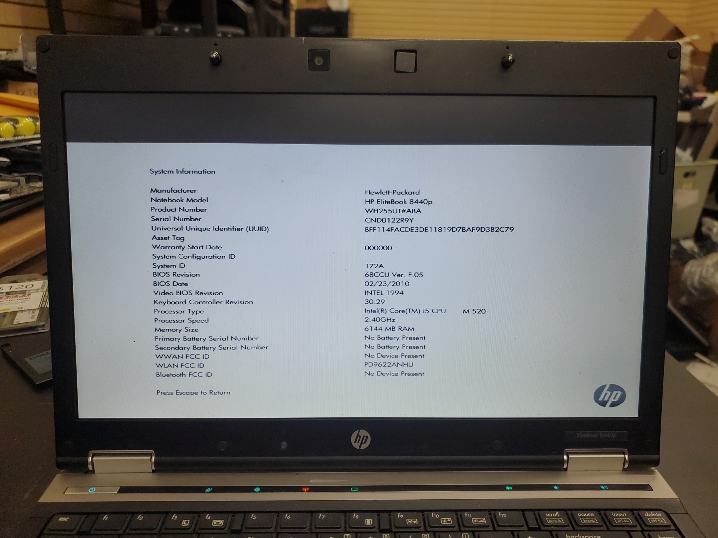 HP ELITEBOOK 8440P Laptop w/ INTEL CORE i5 M520 6gb RAM/No HDD 012626-13 No BATT