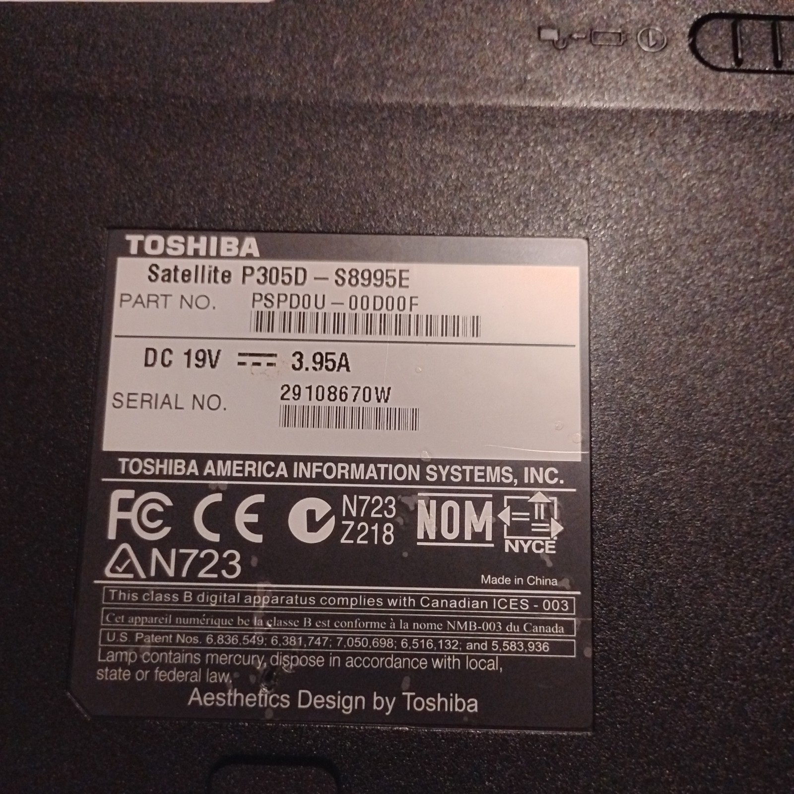 Toshiba Satellite P305D-S8828 Laptop | AMD Turion X2 Windows Vista