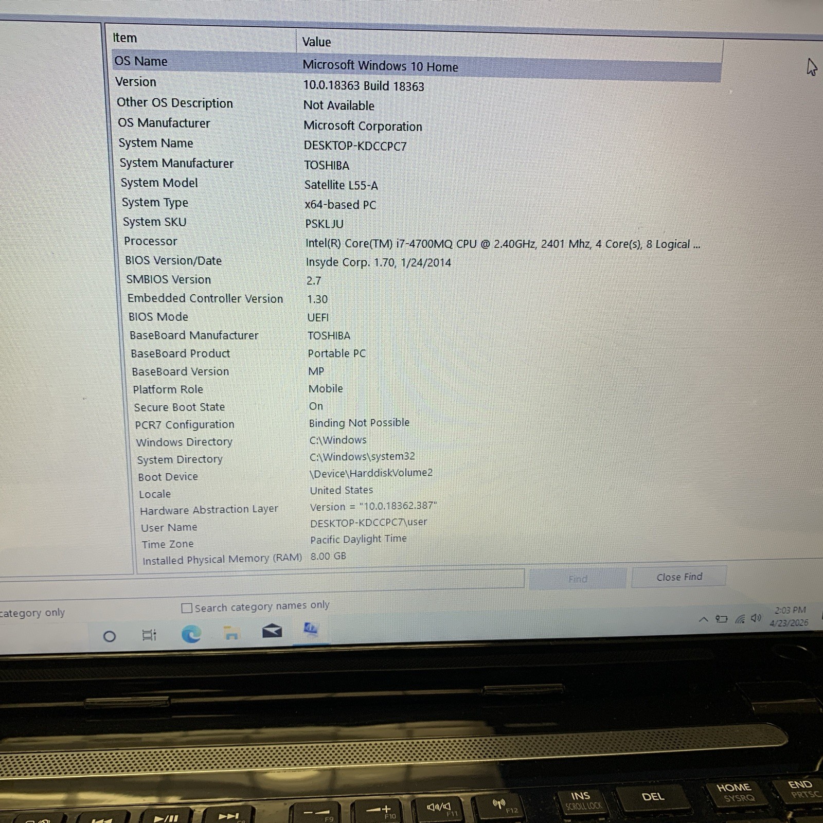 Toshiba Satellite L55-A Core i7-4700MQ 2.40GHz 8GB 1TB Hdd Wind 10h No Batt