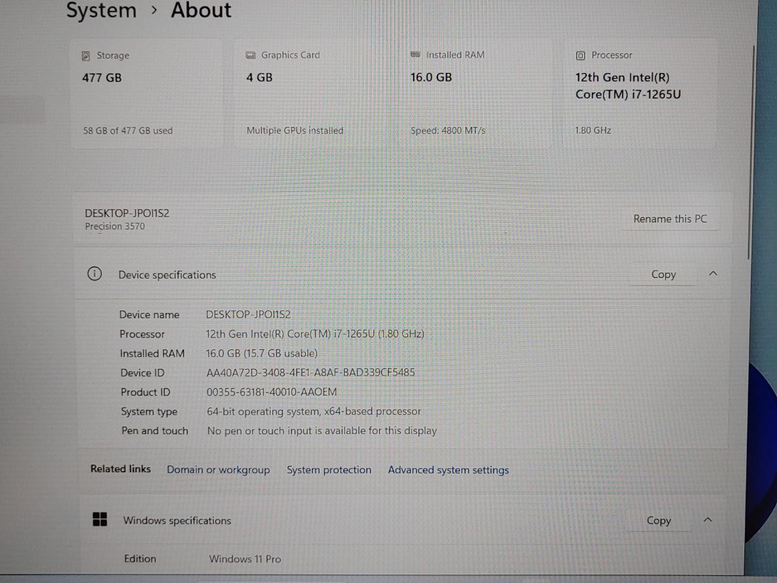 Dell Precision 3570 15.6″ i7-1265U 16GB 512GB NVIDIA T550 Win11 *NO A/C* *READ*