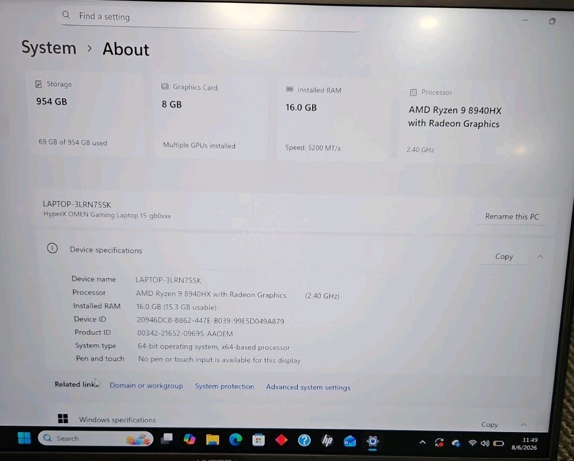 HP HyperX OMEN Gaming Laptop 15-gb0xx 2.64GHz 16GB RAM 1TB SSD 15″