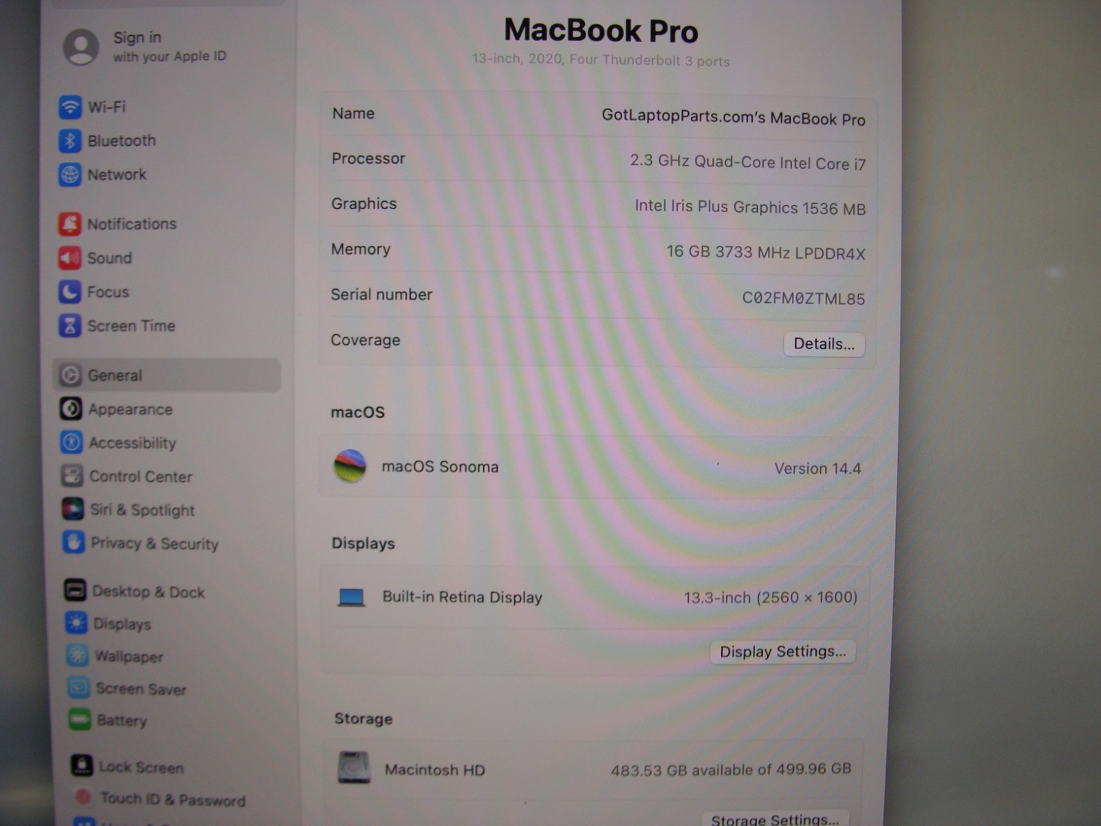 Apple MacBook Pro 13″ (2020) A2251/BTO i7-1068NG7 2.3GHz 16GB 512GB OS Sonoma