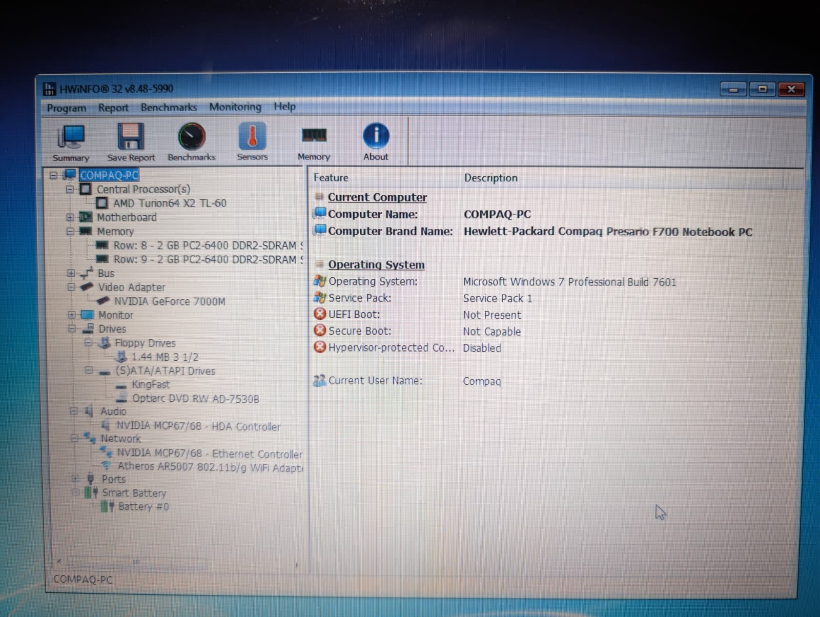 15″ HP Compaq Presario F700 | AMD X2 4GB RAM 128GB SSD | NVIDIA Win 7 Pro DVD+RW