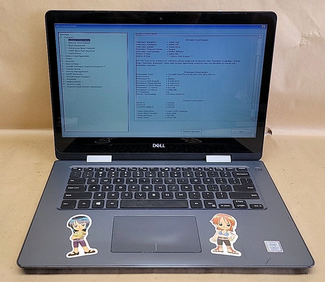 Dell Inspiron 5481, Intel Core i3-8145U @ 2.1GHz, 4GB RAM, NO SSD, NO OS *READ*