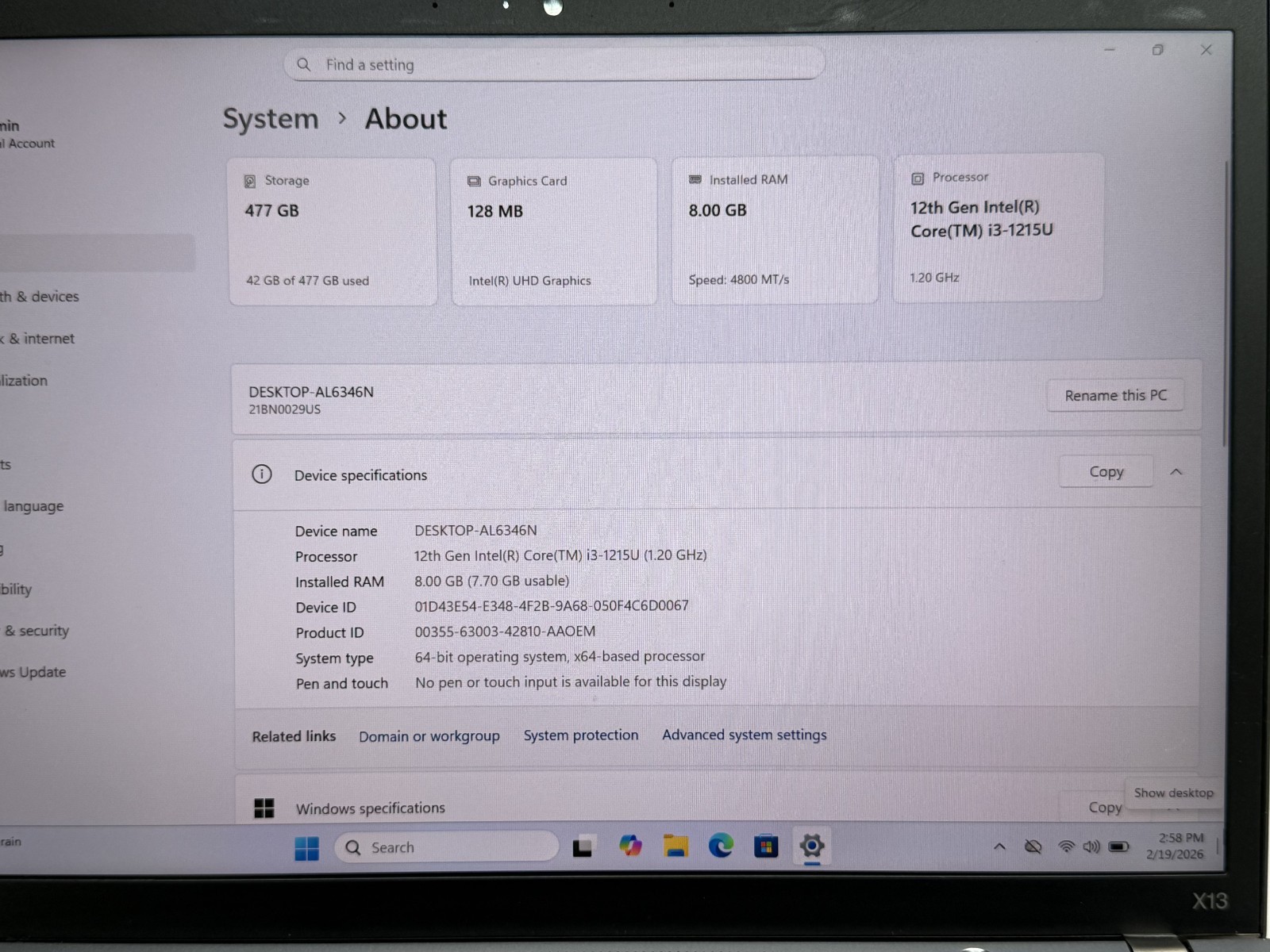 LENOVO THINKPAD X13 Gen 3 i3-1215U@ 1.20GHz 8GB RAM 512GB NVMe W11P AL CASE W/AC