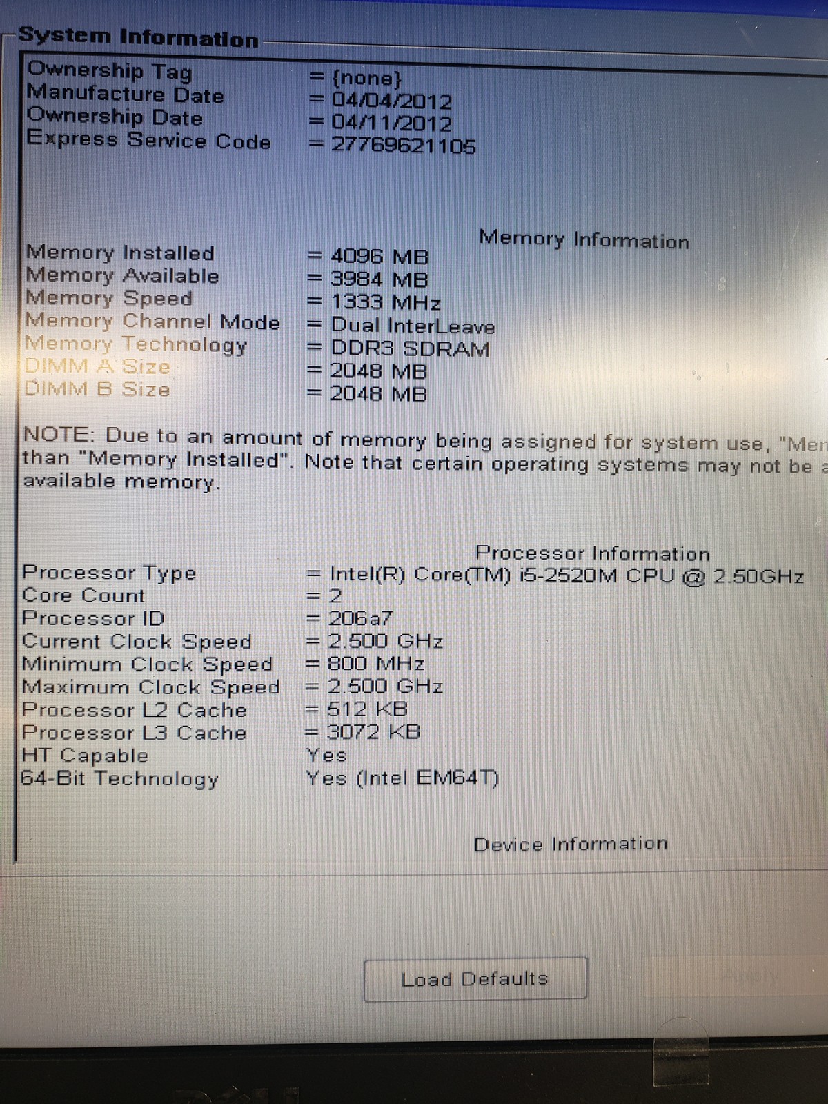 Dell Latitude E6520 Intel Core i5-2520M 4 GB No Drive 15.6″ 1600×900