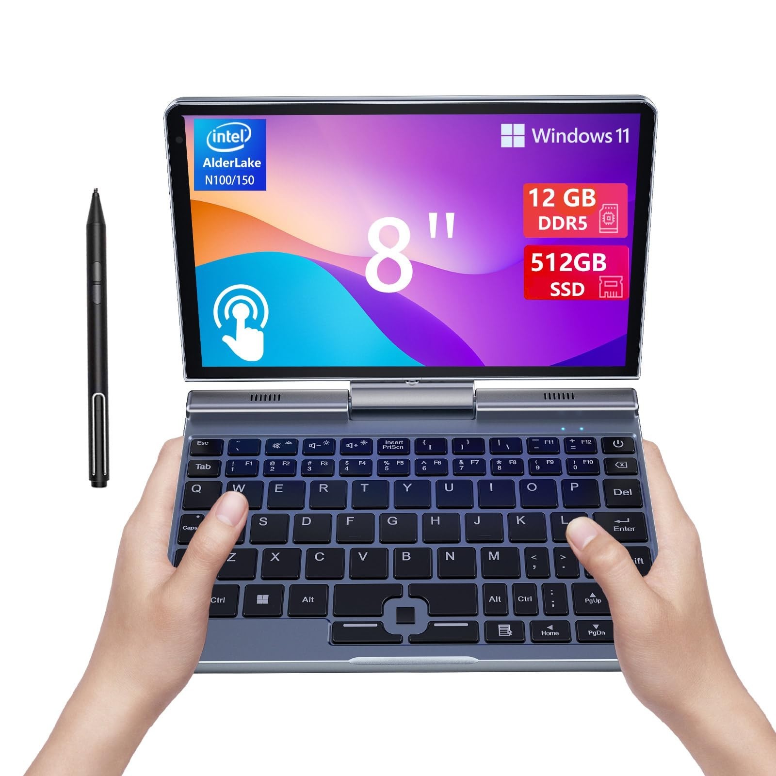 8″ Mini 2-in-1 Laptop, HD Touchscreen, Win 11 Pro, 12GB RAM, 512GB SSD, Wi-Fi 6,