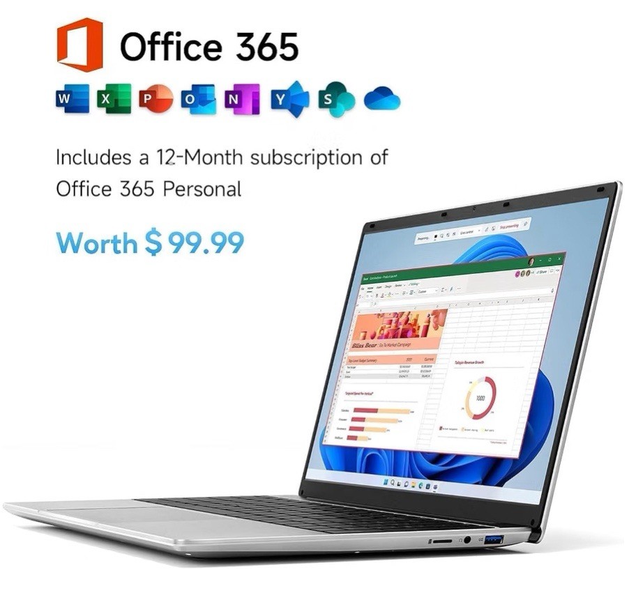 15.6 in Silver Notebook Laptop PC for Casual Computing with Office 365