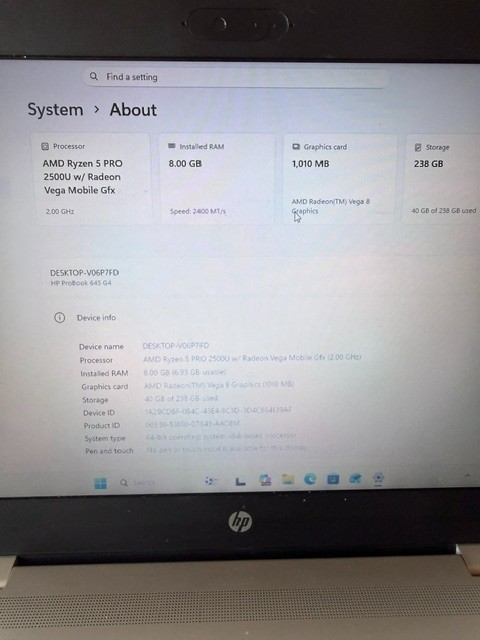 HP ProBook 645 G4 Ryzen 5 Pro 2500U 256GB SSD 8GB RAM (No Charger Included)