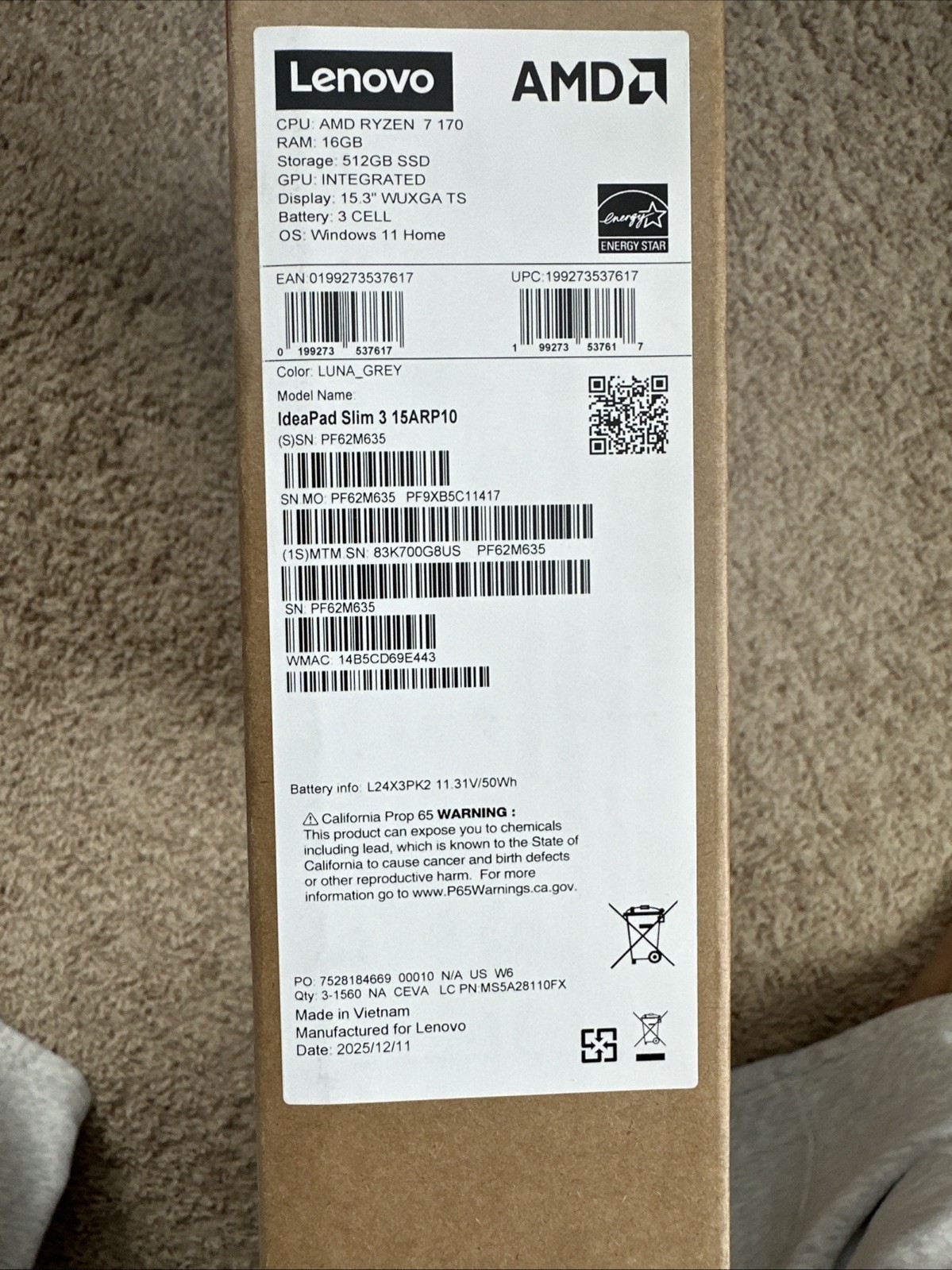 Lenovo IdeaPad Slim 3 Laptop 16GB Memory 512gb SSD Luna Grey