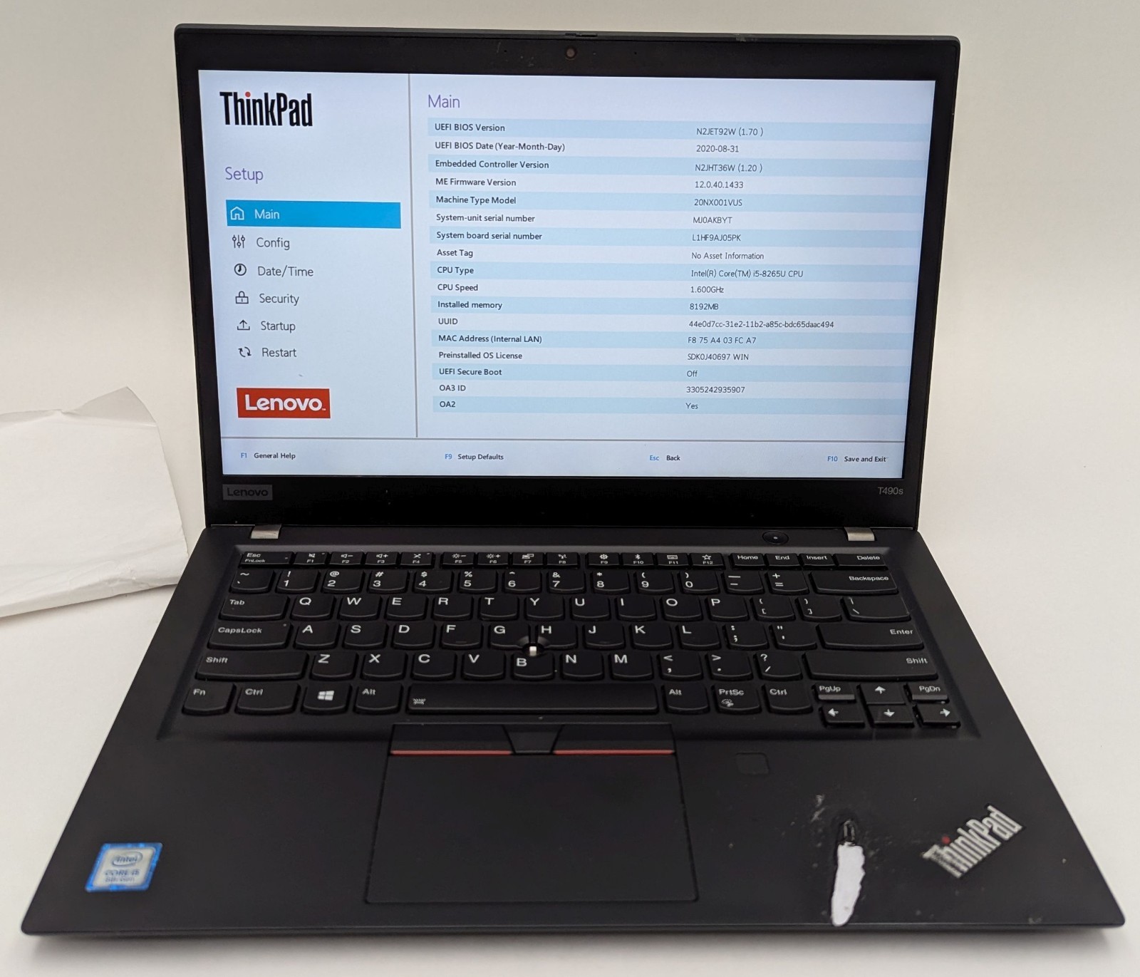 Incomplete Lenovo ThinkPad T490s 14″ Laptop Intel Core i5-8265U 1.60 GHz 8GB RAM