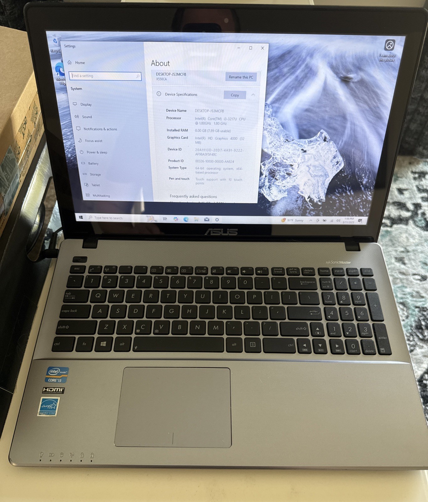 ASUS X550C 15.6 intel i3-3217U 1.8Ghz Ram DDR3 8GB SSD 120Gb OEM Adapter Win10 H