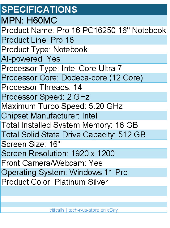 Dell H60MC Pro 16 PC16250 16″ Notebook – Intel Core Ultra 7 – Platinum Silver