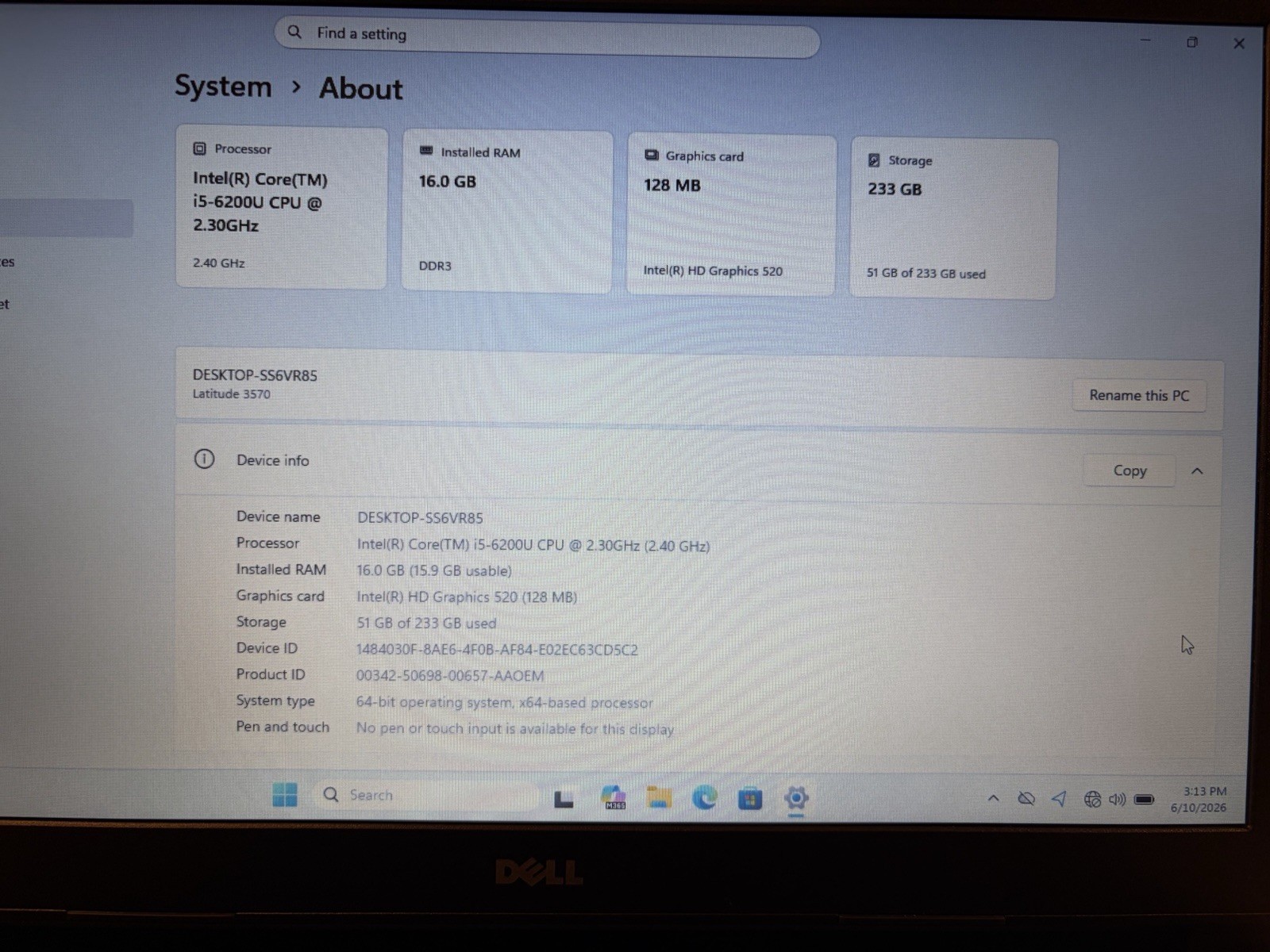 DELL LATITUDE 3570 15.6” HD INTEL i5-6200U 16GB RAM 250GB SSD WINDOWS 11 PRO