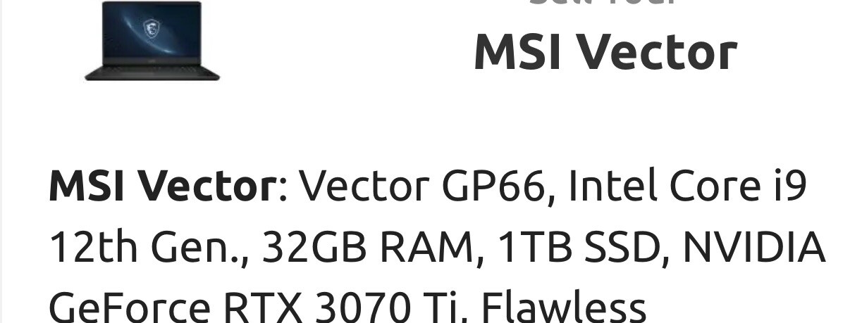 MSI Vector GP66HX 15.6″ Core i7-12800HX 1.5GHHz 32GB 1TB SSD RTX 3070 Ti READ
