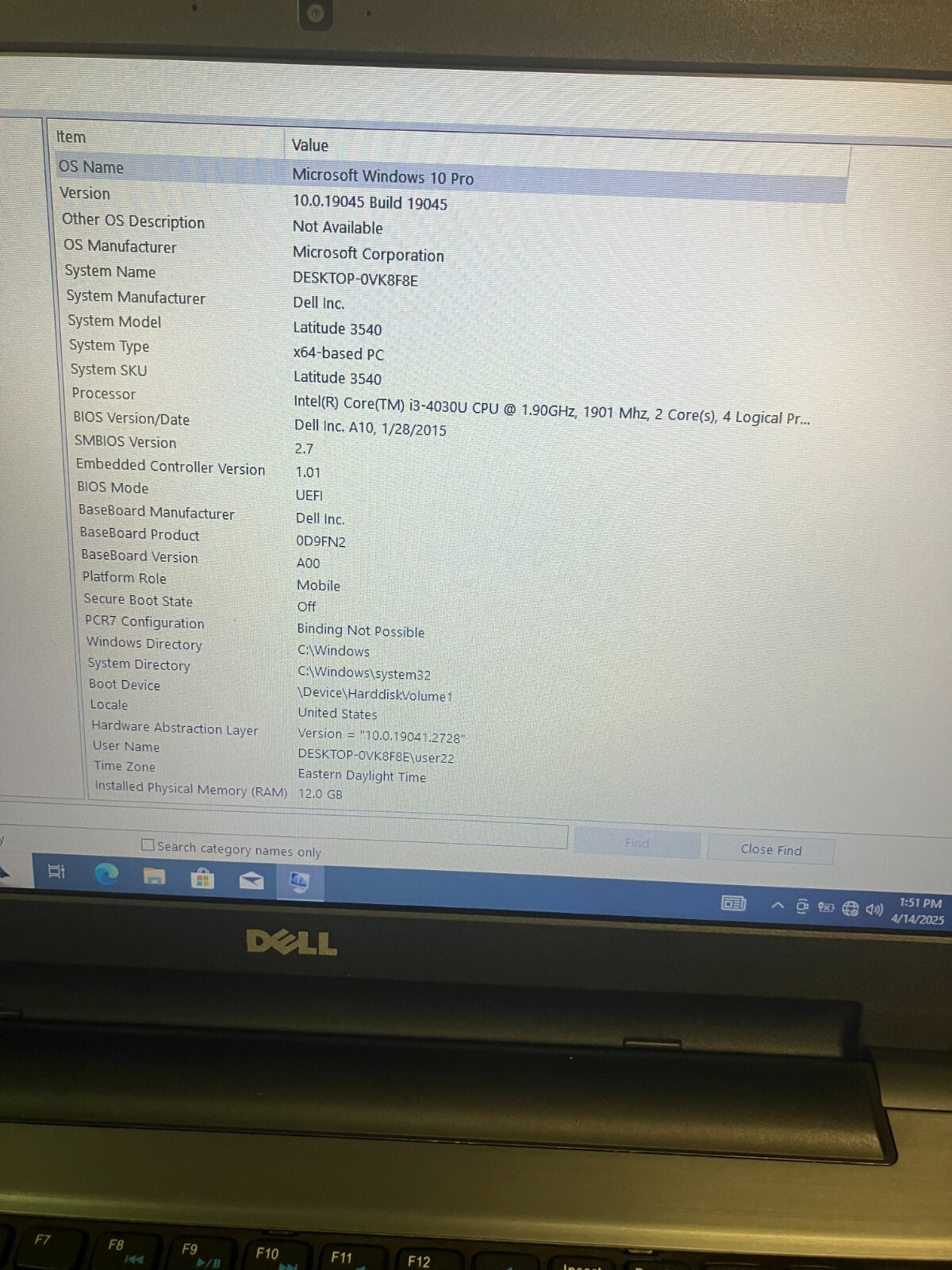 Dell Latitude 3540 Intel i3-4030U 1.9GHz 12GB Ram 480GB HD no/battery FOR PARTS