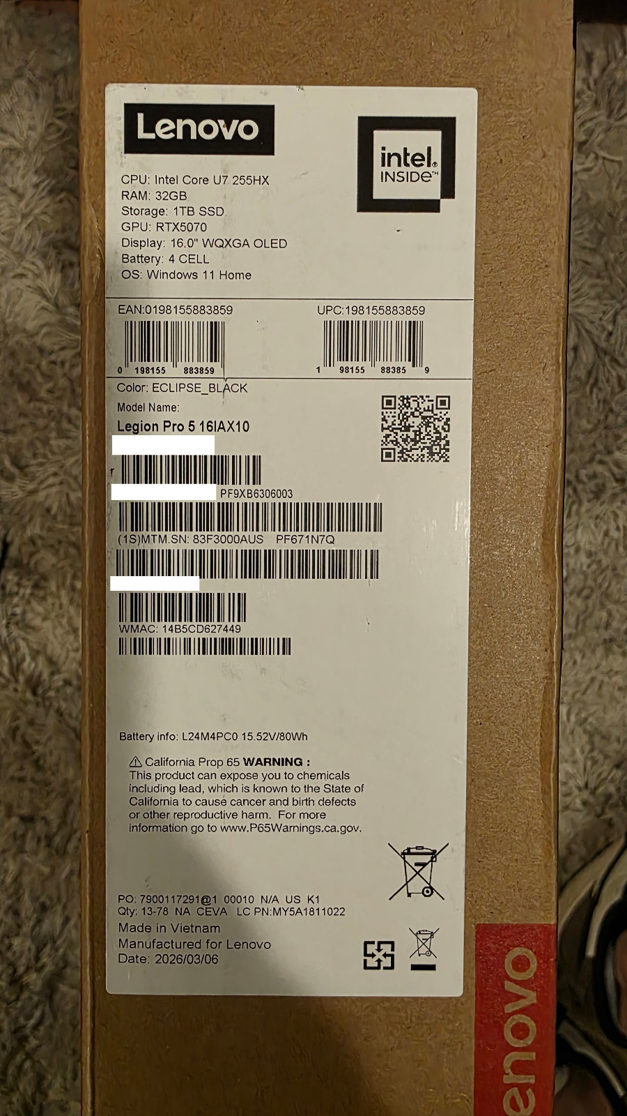 In Warranty Lenovo Legion 5 Pro 16″ OLED Intel Ultra 7 RTX 5070 32GB RAM 1TB SSD