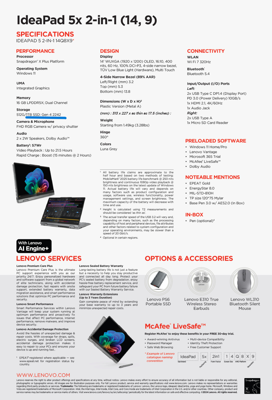 Lenovo Ideapad 5x 14″ OLED Touchscreen Snapdragon X, 16GB, 1TB + PEN & Charger