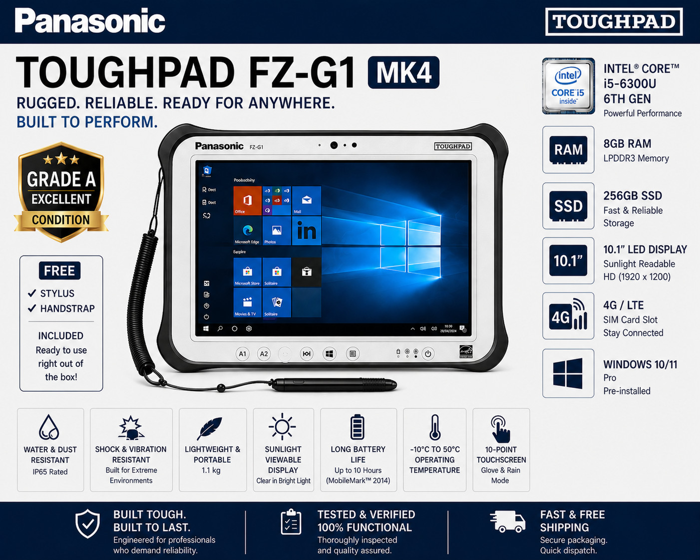 PANASONIC TOUGHPAD FZ-G1 MK4 8GB Diagnostic Tablet Win 11 4G 256GB SIM Rugged