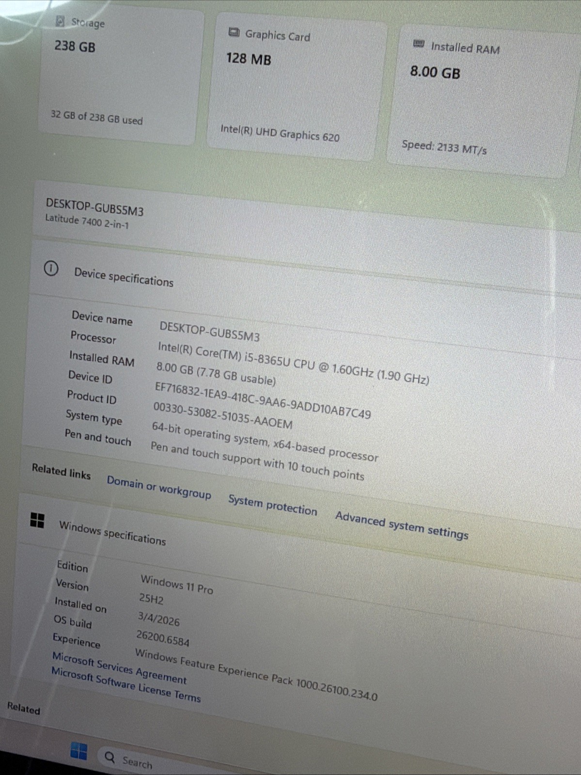 Dell Latitude 7400 (2-in-1) 14 FHD TOUCH i5-8365u 8GB 256GB SSD Win 11 Pro