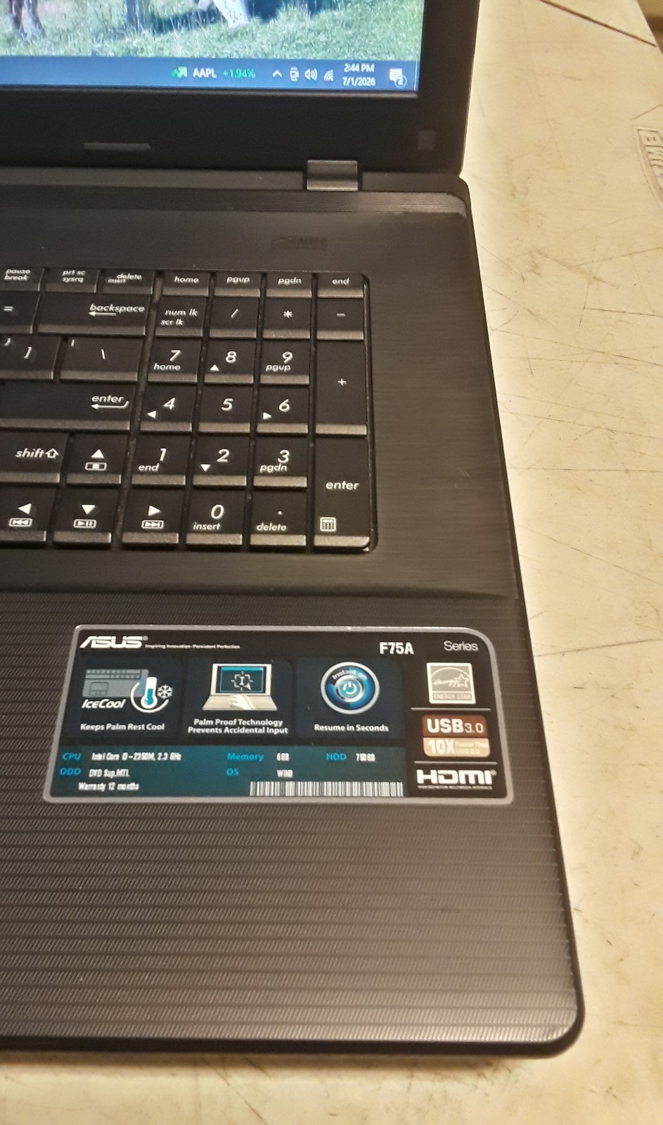 Windows 10 MINT ASUS F75A 17.3″ Intel Core i3 2.30GHz 8GB RAM 500GB and Charger