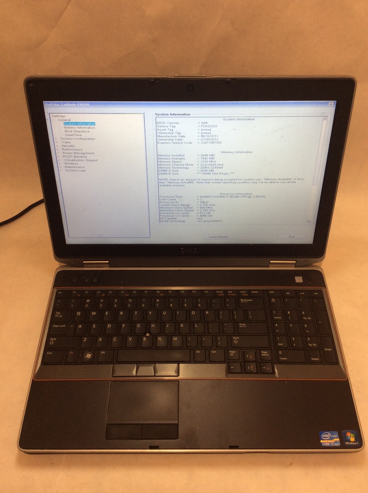 Dell Latitude E6520 Laptop 15″ Intel Core i7 2nd Gen DAMAGED RAM SLOTS -PP